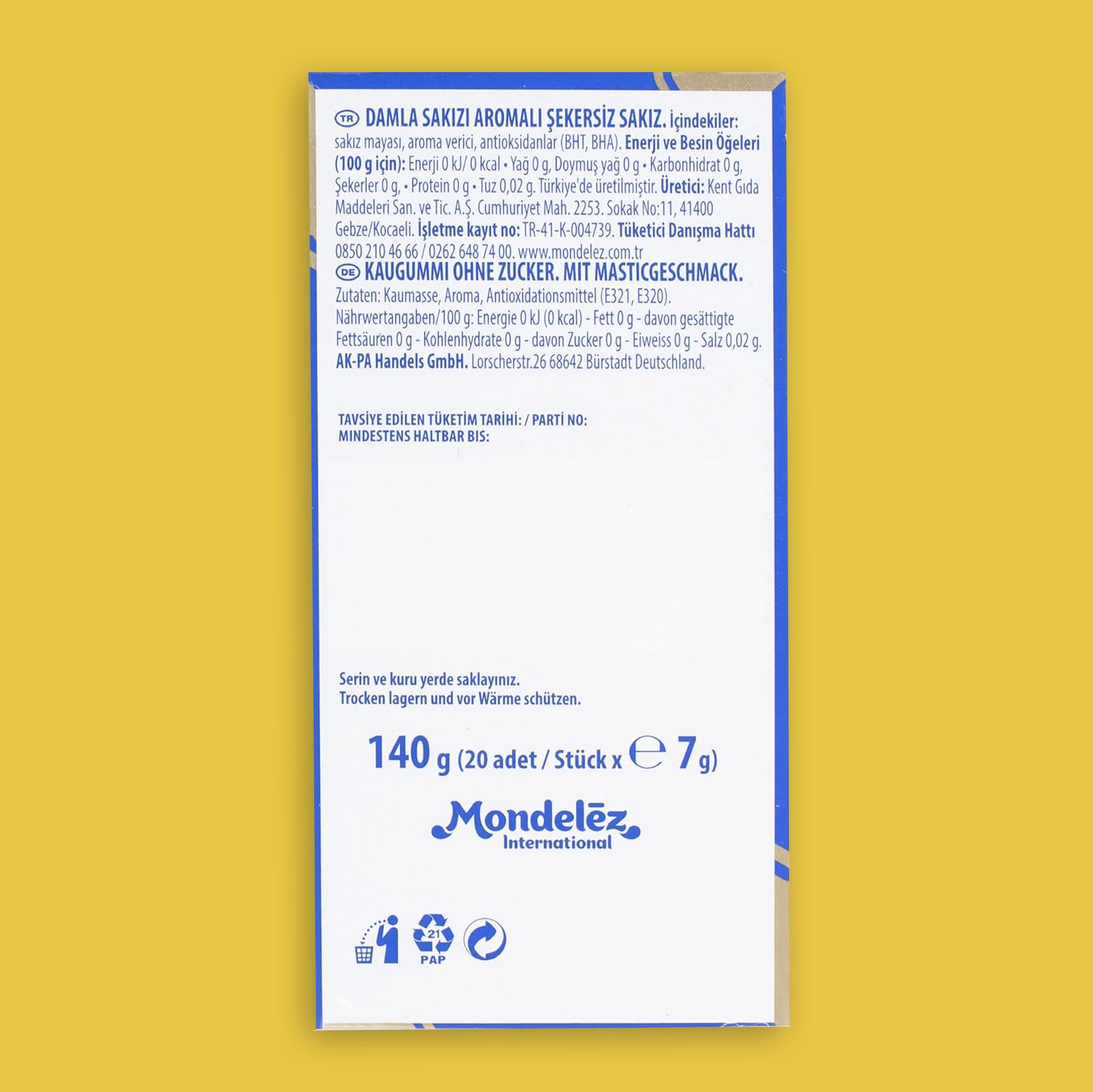 Falim Chewing-gum Saveur Damla Sakız – 1x pack de 5 (140g) – Sans sucre, longue durée & respectueux des dents – Goût traditionnel mastika – Emballage bleu et doré