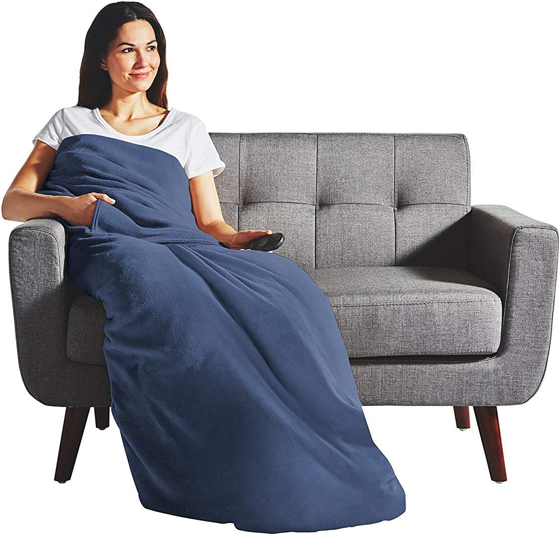 Sunbeam Heated Throw Blanket | Dual Pocket Microplush, 3 Heat Settings, Newport Blue - 31160304