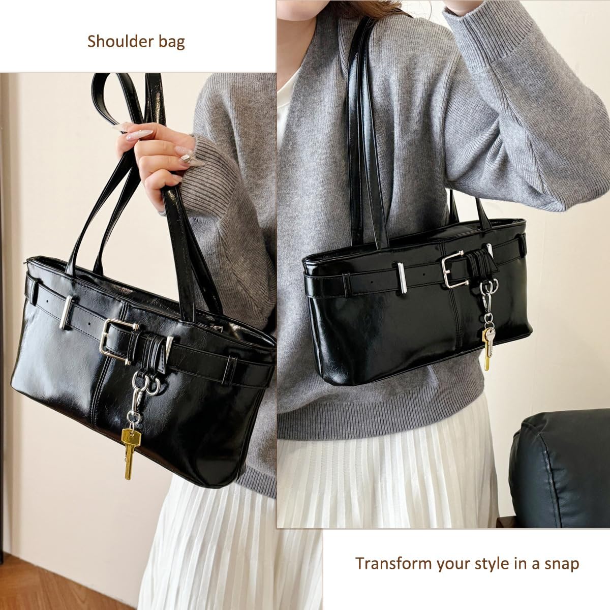 Twievo Shoulder Bag for Women,Y2K Small Belt Buckle Satchel Purse Leather Handbag Clutch Purse,Underarm Tote Handbag for Daily Use - Black - Image 5