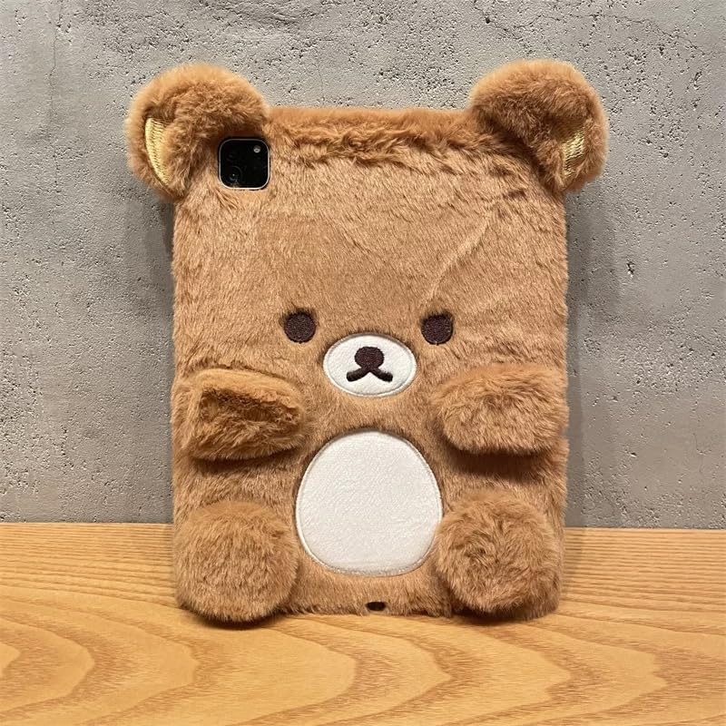 Fluffy Fur Plush Back Case for Apple Teddy Bear Brown Color Japanese Cartoon Warm Comfy Comfortable Winter Cute Lovely Adorable Kids Girls (for iPad 9th Generation 2021 10.2 Inch)
