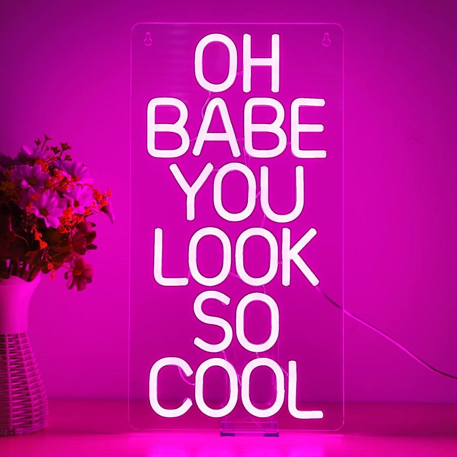 XIYUNTE Oh Babe You Look So Cool Neon Sign - Dimmable LED Neon Lights for Bedroom, USB Powered LED Sign with Hang Chain, Pink Neon Signs for Wall Decor, Girl Room Decor, Bar, Party Decoration, Gifts
