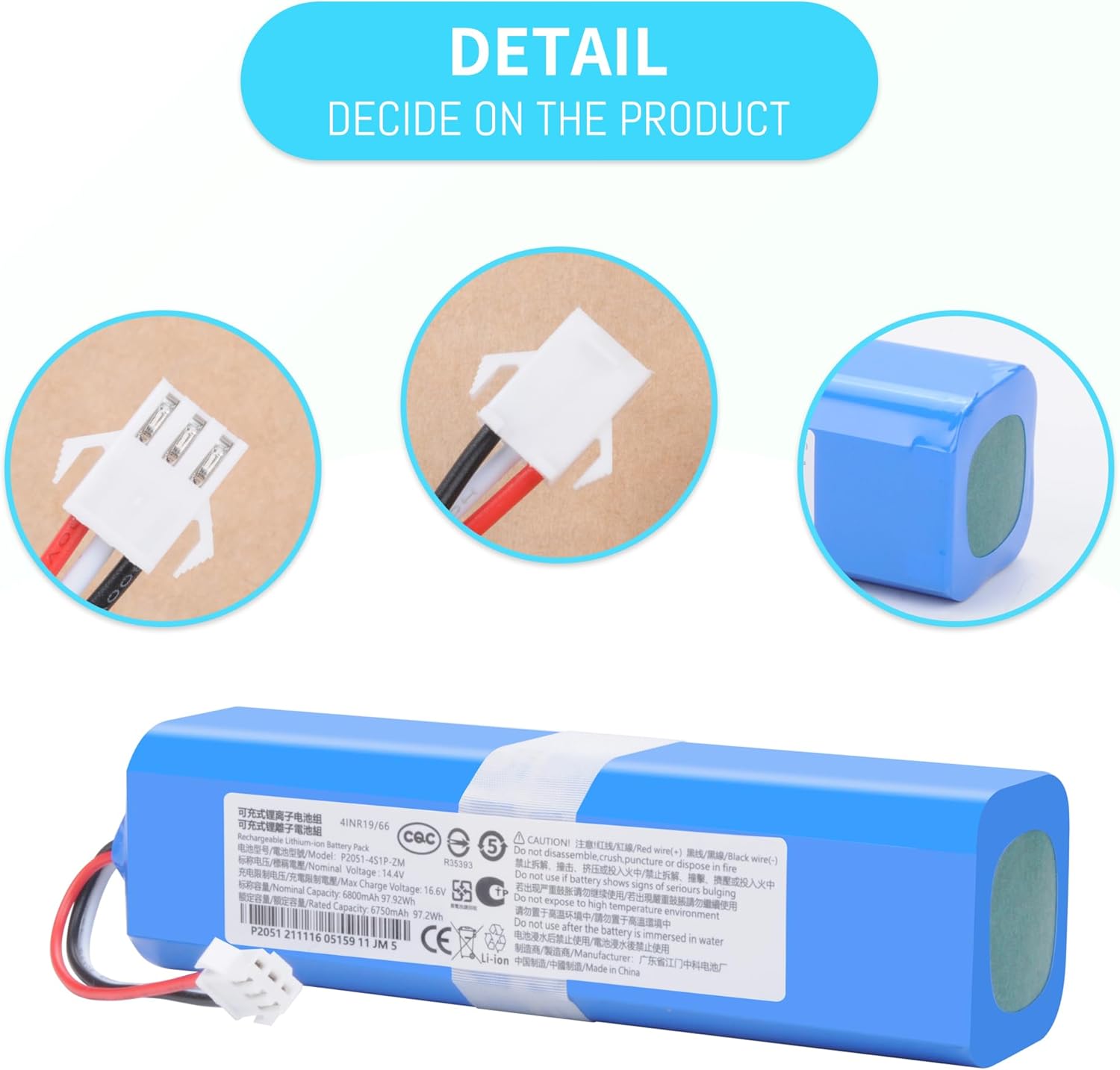 Close-up of the battery connector and label details