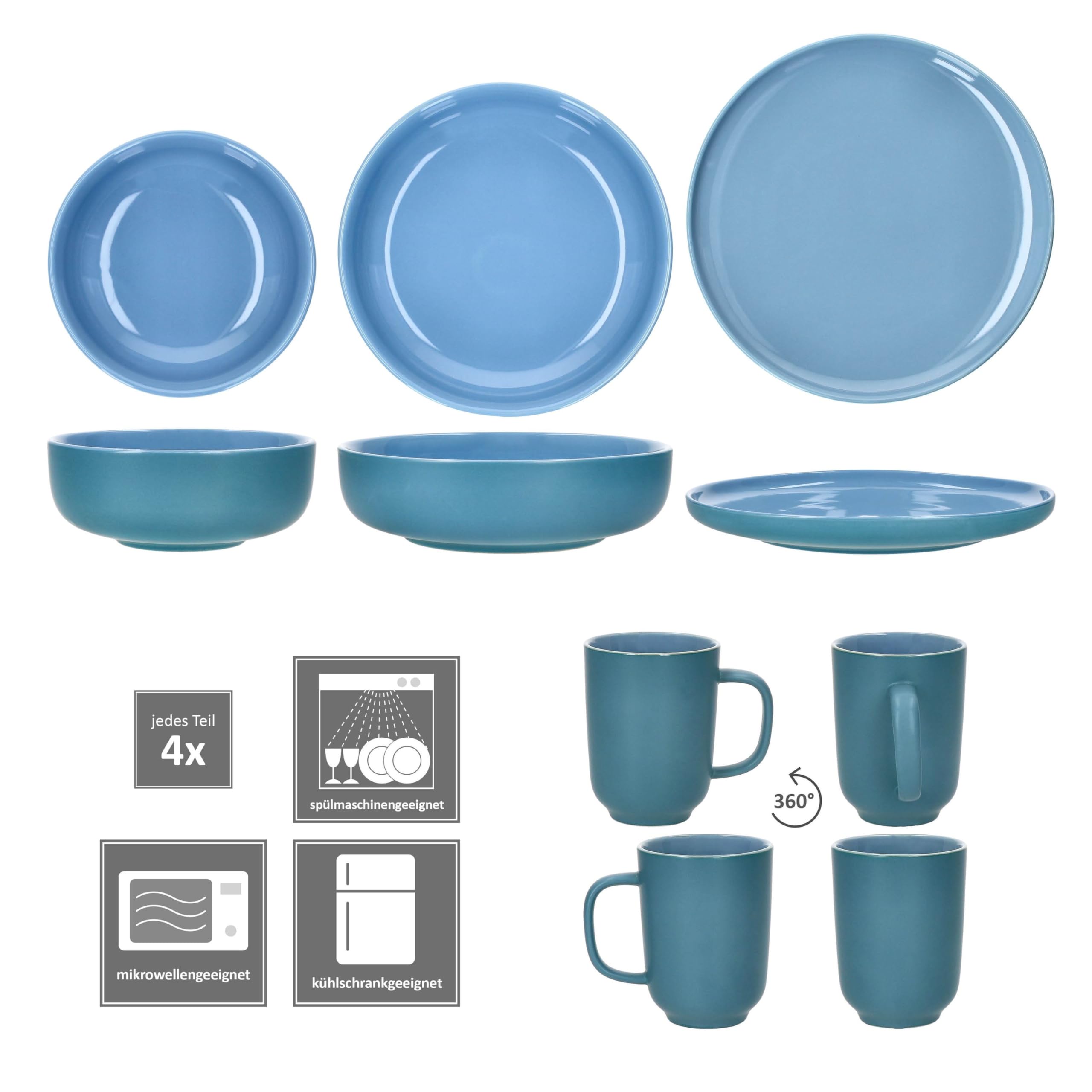 Ritzenhoff & Breker Jasper Service de table 16 pièces en faïence pour 4 personnes Bleu océan Avec 4 tasses à café de 250 ml, bols de 360 ml, assiettes creuses et assiettes plates I Petit déjeuner et