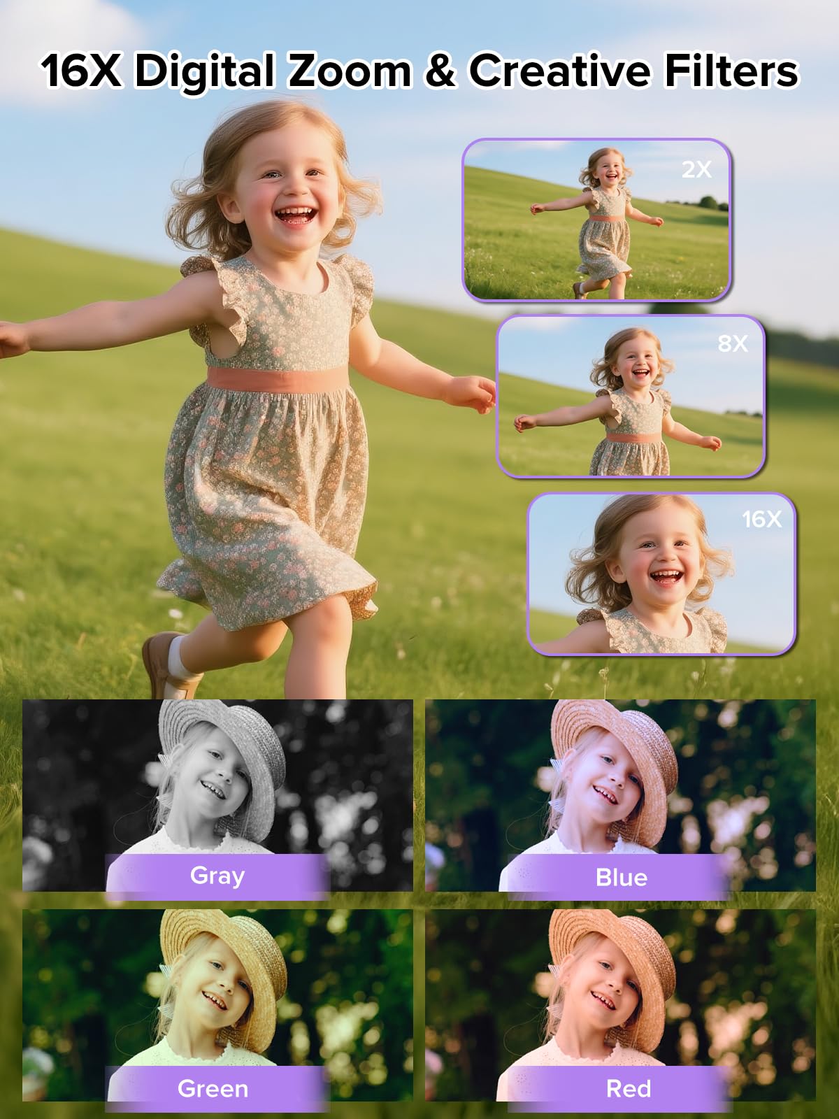 Cámara digital FHD 1080P con tarjeta de 32 GB, cámara de 44 MP para niños con zoom antivibración de 16X, cámara digital vintage, cámara pequeña portátil de regalo para niños, niñas, niños y
