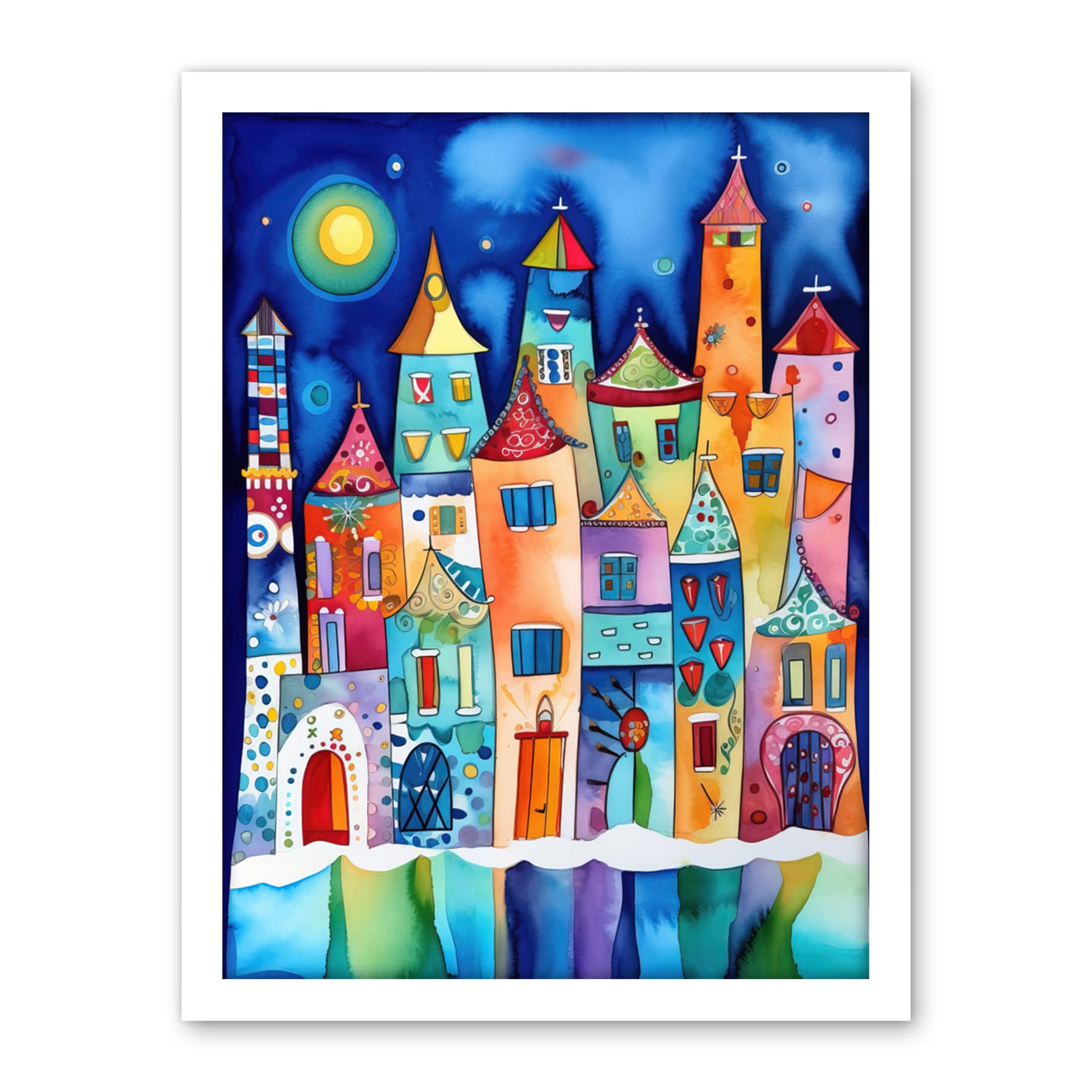 Artery8 Midnight Abstract Town Folk Art Artwork Framed Wall Art Print 18X24 Inch