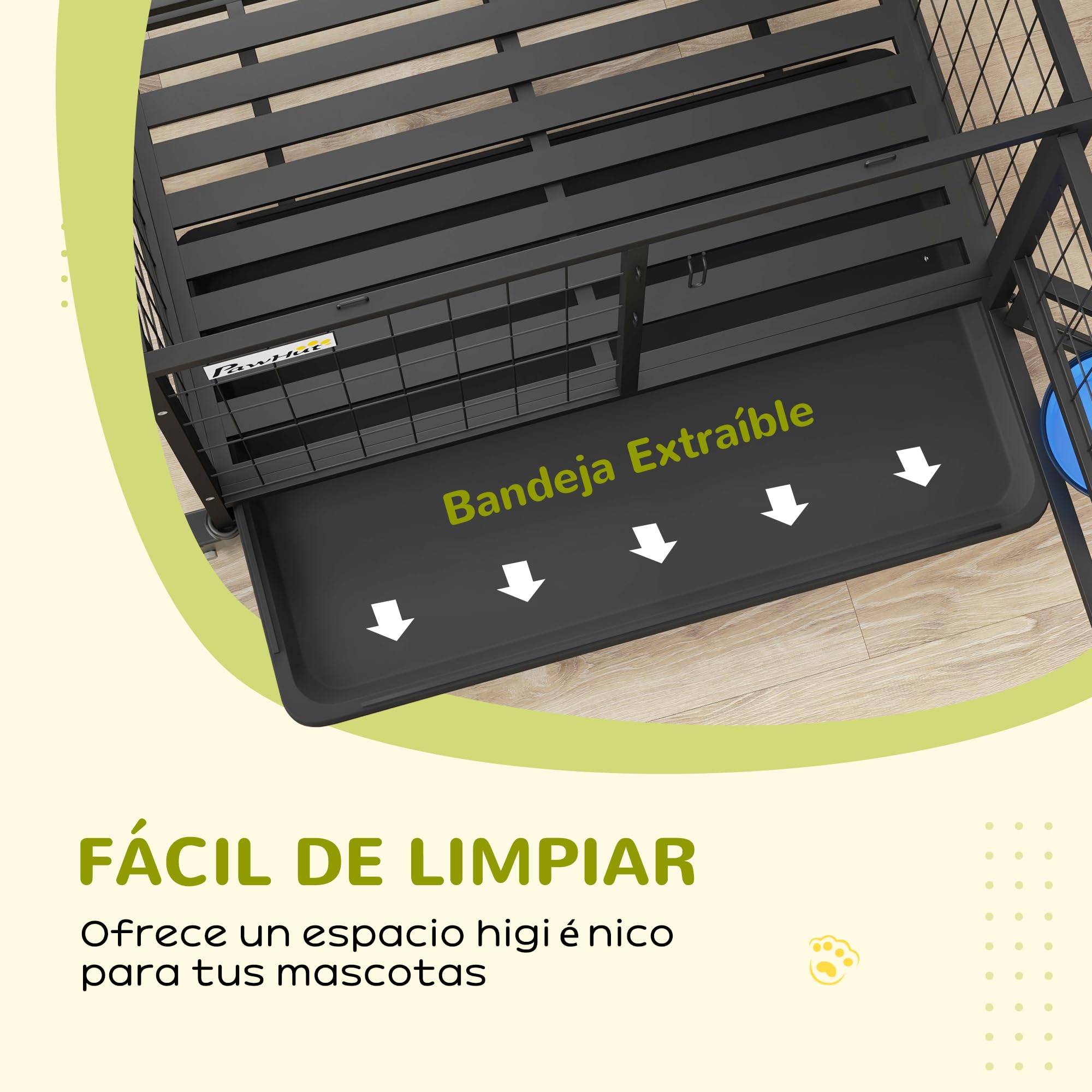 PawHut Jaula para Perros Jaula para Perros Grandes con Tapa Superior Abatible Soporte de Cuenco Bandeja Extraíble Ruedas y Puerta Doble Desmontable 92x62x73 cm Negro