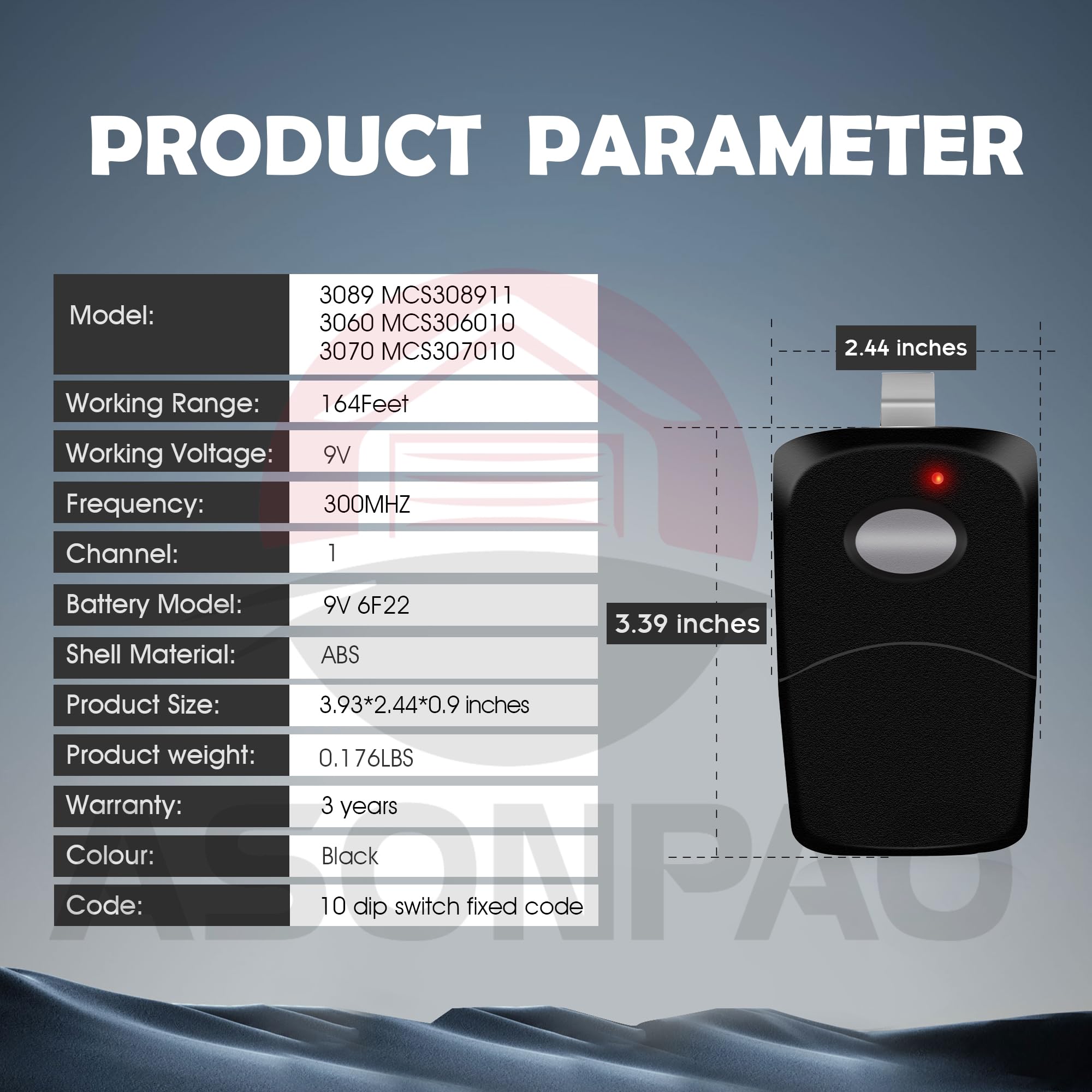2X Multi Code Gate Opener Remote 3089 - Compatible With MCS308911, 3060, 3070, 300MHz, 3-Year Warranty - View #10
