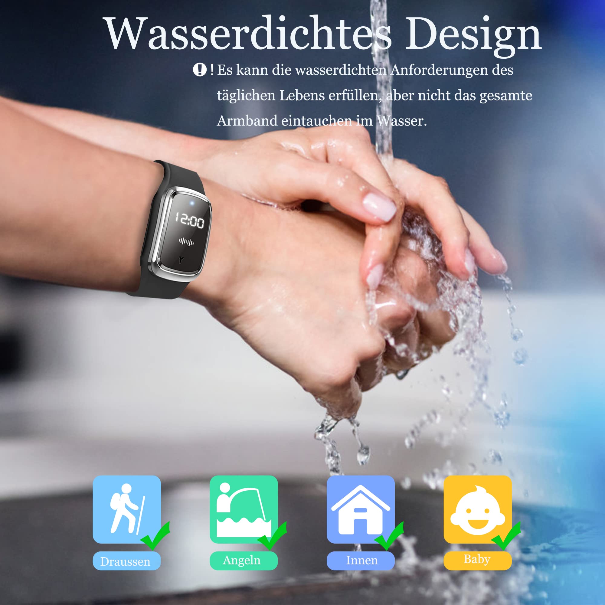 Mückenschutz-Armbänder, wasserdicht, Ultraschall, USB, wiederaufladbar, Anti-Moskito-Uhr, für Strand und Angeln, Erwachsene und Kinder, 130 Stunden Akkulaufzeit, Anzeige der Uhr