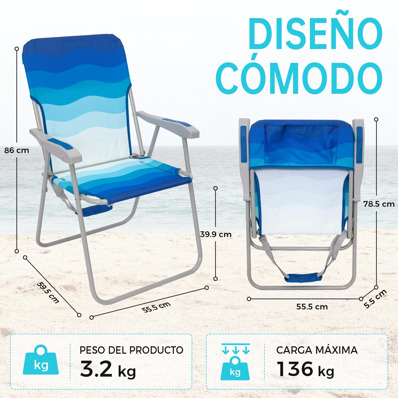 #WEJOY Silla de Playa Plegable con Reposabrazos Sillas de Acampada Camping con Respaldo Alto Silla Camping Portátil, Carga Máxima 136 kg, Silla para Exterior Jardín Playa 1/2 Piezas