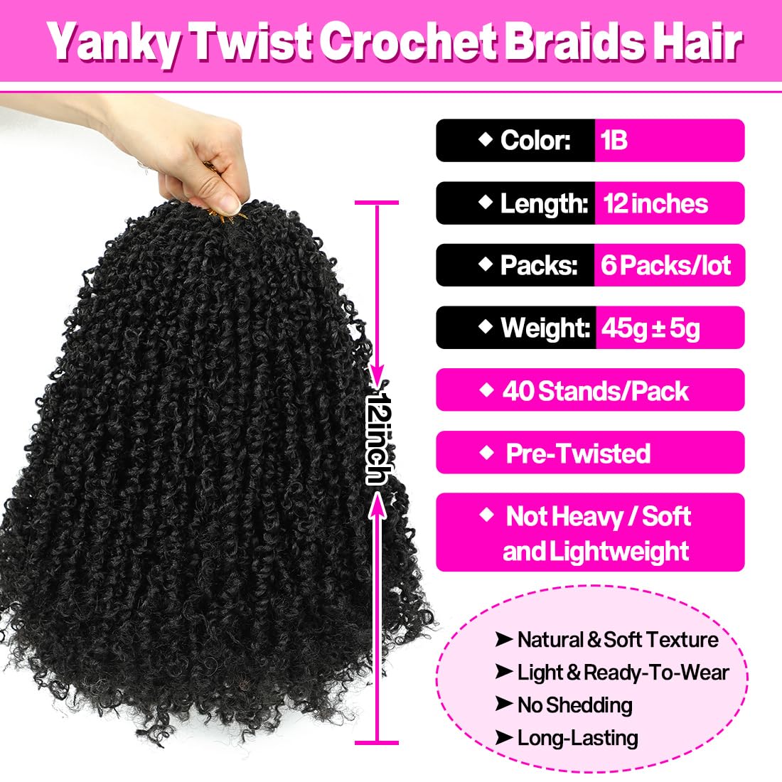 Youngther Yanky twist crochet hair 12 Inch 6Pack(40stands/Pack) Natural Black Pre-Twisted Fluffy Yankee Twist curly crochet hair for black women hair (1B)