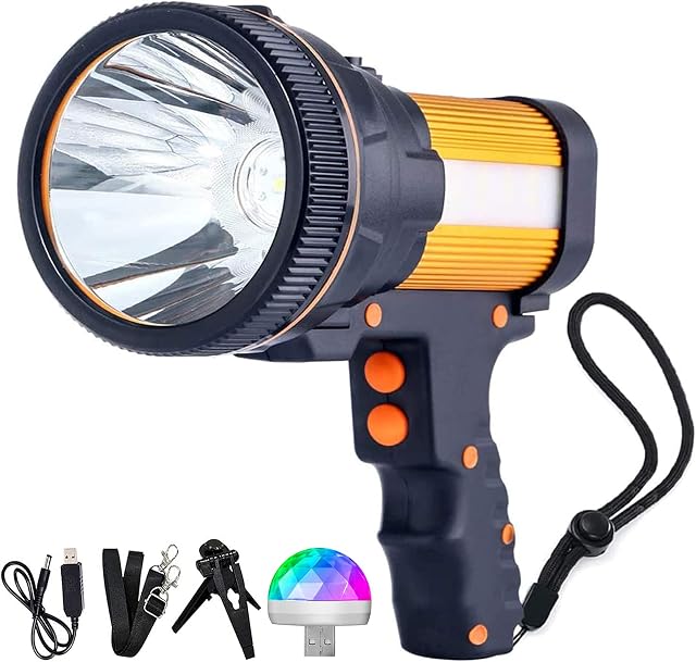 LED Rechargeable Flashlight Handheld Searchlight 7000 Lumens Portable Hunting Spotlight with USB Output Function Mobile Power IP45 Waterproof Outdoor High-Power Beam Torch Lantern (Gold)