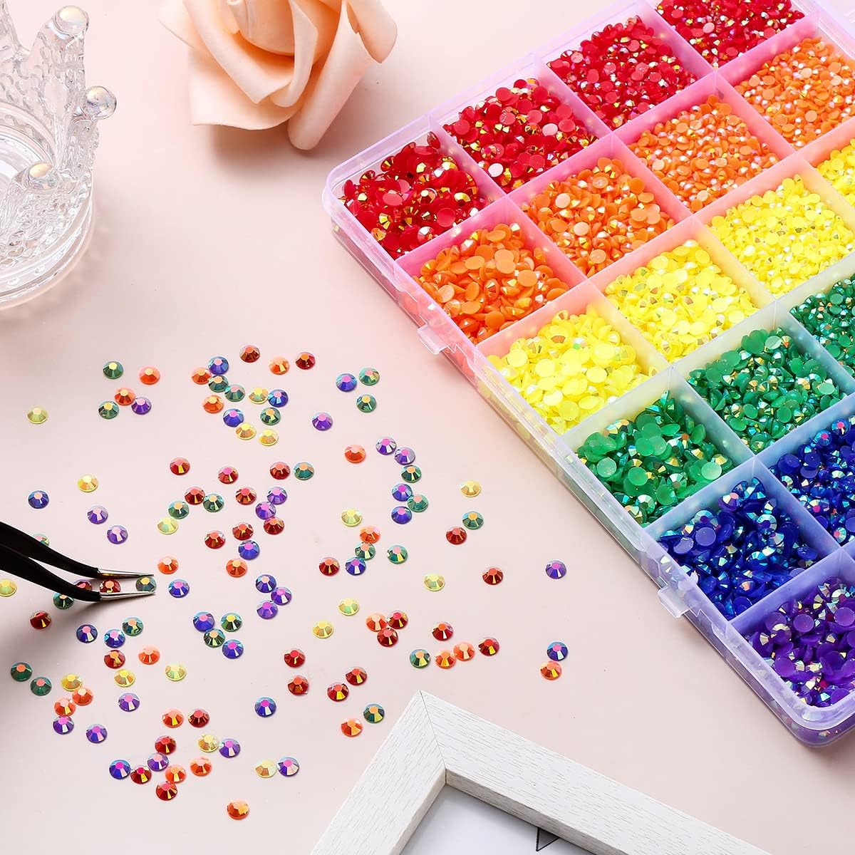 42000 Pcs Rhinestones Flat Black Resin Jelly Crystal Gemstones for Crafts Nails Makeup Tumbler Shoes DIY Decoration(Rainbow Rhinestones+Pink Rhinestones)