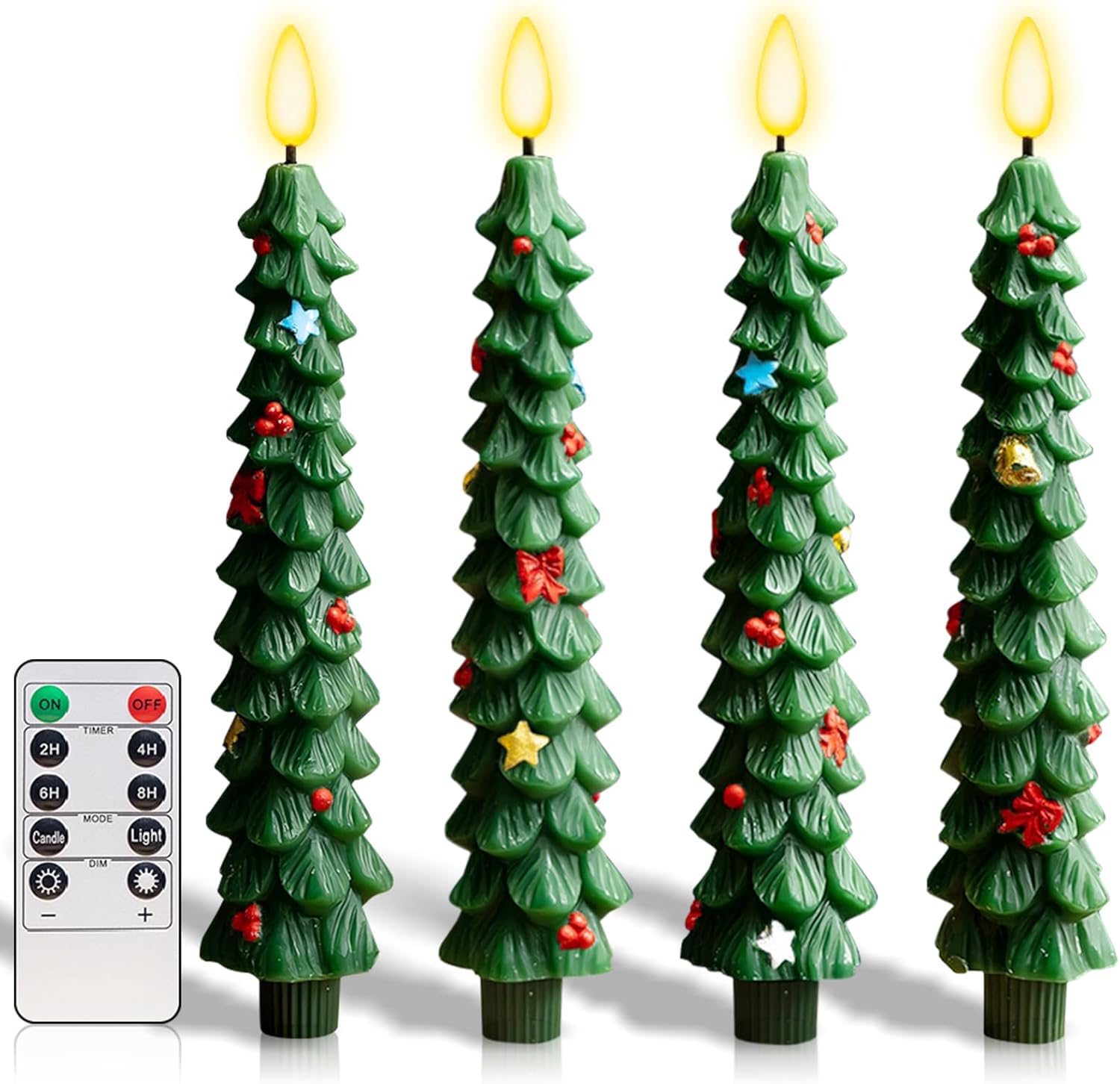 4 Pcs Flameless Christmas Tree Candles with Remote, 2026 Upgraded LED Battery Operated Candlesticks Green Real Wax Window Candlesticks for New Year Xmas Decorations