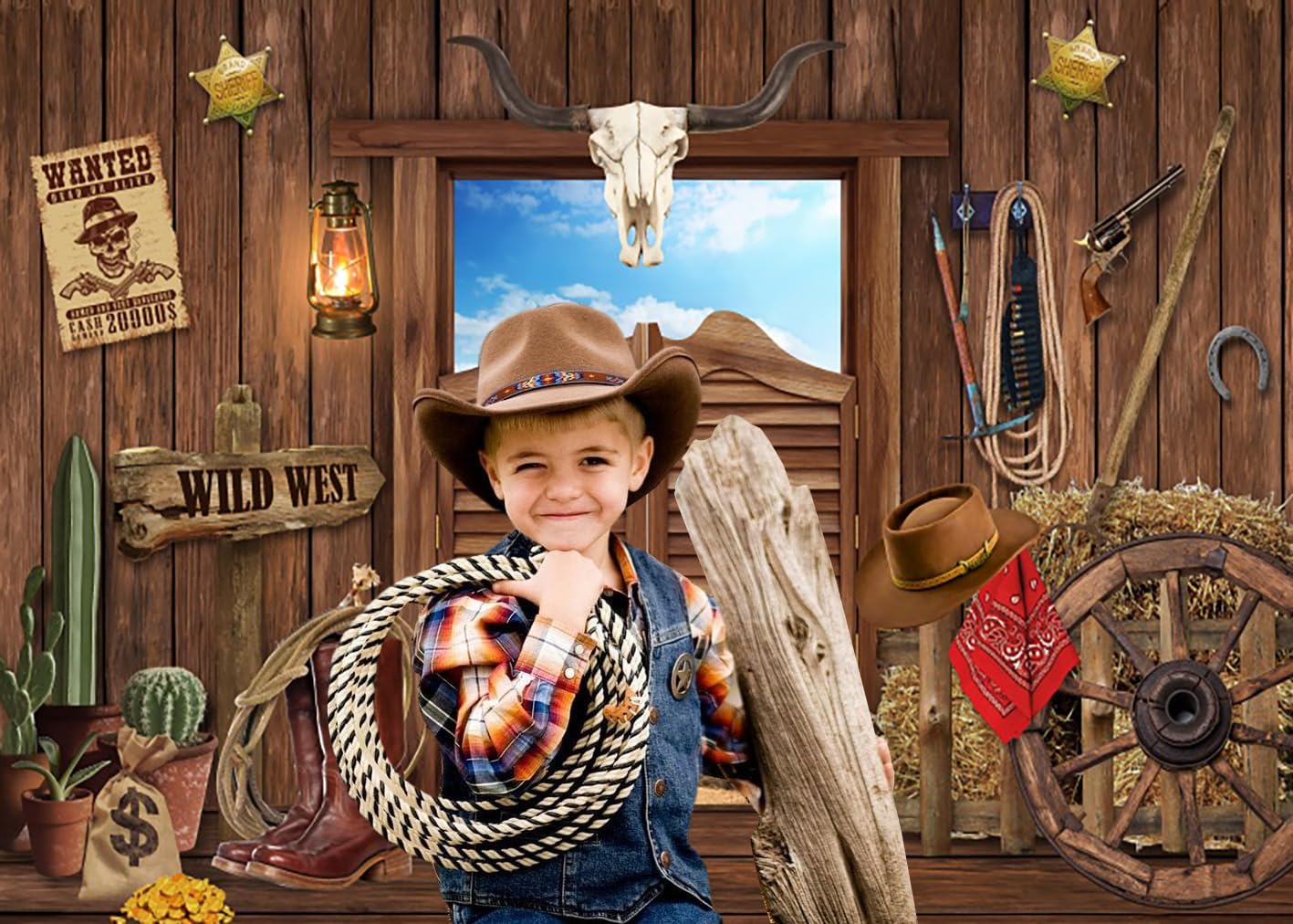 3.6x3m Sfondo Western Cowboy Decorazione rodeo selvaggio West Bar saloon rustico Porta di fienile in legno Sfondo fotografico Tema western Decorazioni per feste di compleanno per bambini