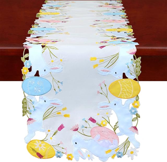 Simhomsen Embroidered Colorful Eggs and Bunny Table Runners Dresser Scarf for Easter Holiday or Spring Season (14 x 69 inches)