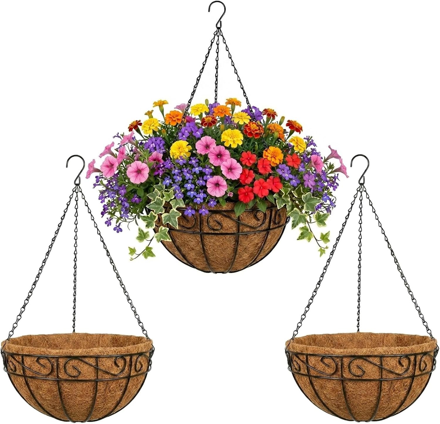 3 Pack Hanging Baskets for Plants Outdoor 14 Inch Metal Hanging Planters with Coco Coir Liner, Round Hanging Flower Basket for Home Garden Patio Balcony Porch