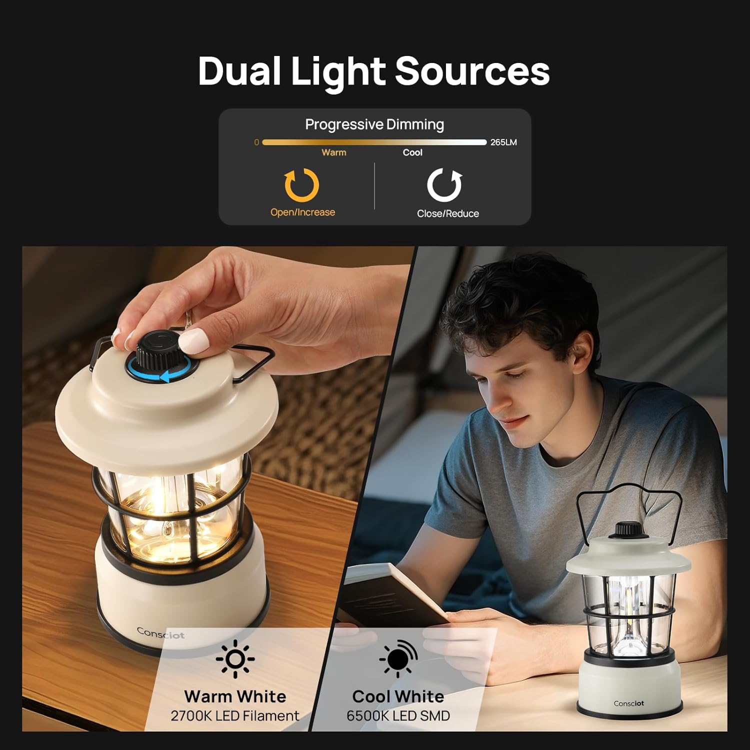 Consciot CL1 Mini Dual Light Sources LED Lantern, Retro Style Battery Powered Lamp, Dimmable Warm White and Daylight Modes, Up to 200H Run Time, Portable Atmosphere Lights for Indoor & Outdoor Use - Image 3