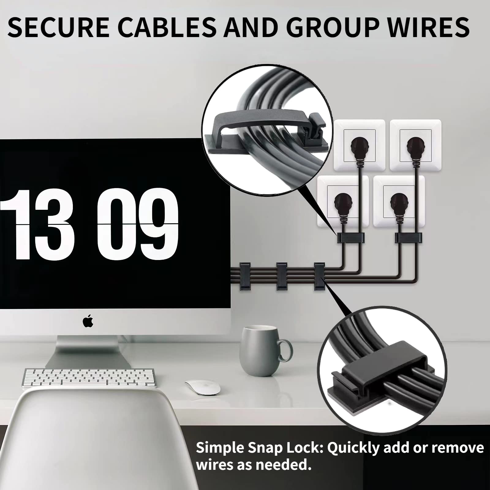 Clips para cables, organizador de cables adhesivo para debajo del escritorio, hogar, oficina, soporte de alambre de coche HELBOAR (50 piezas)