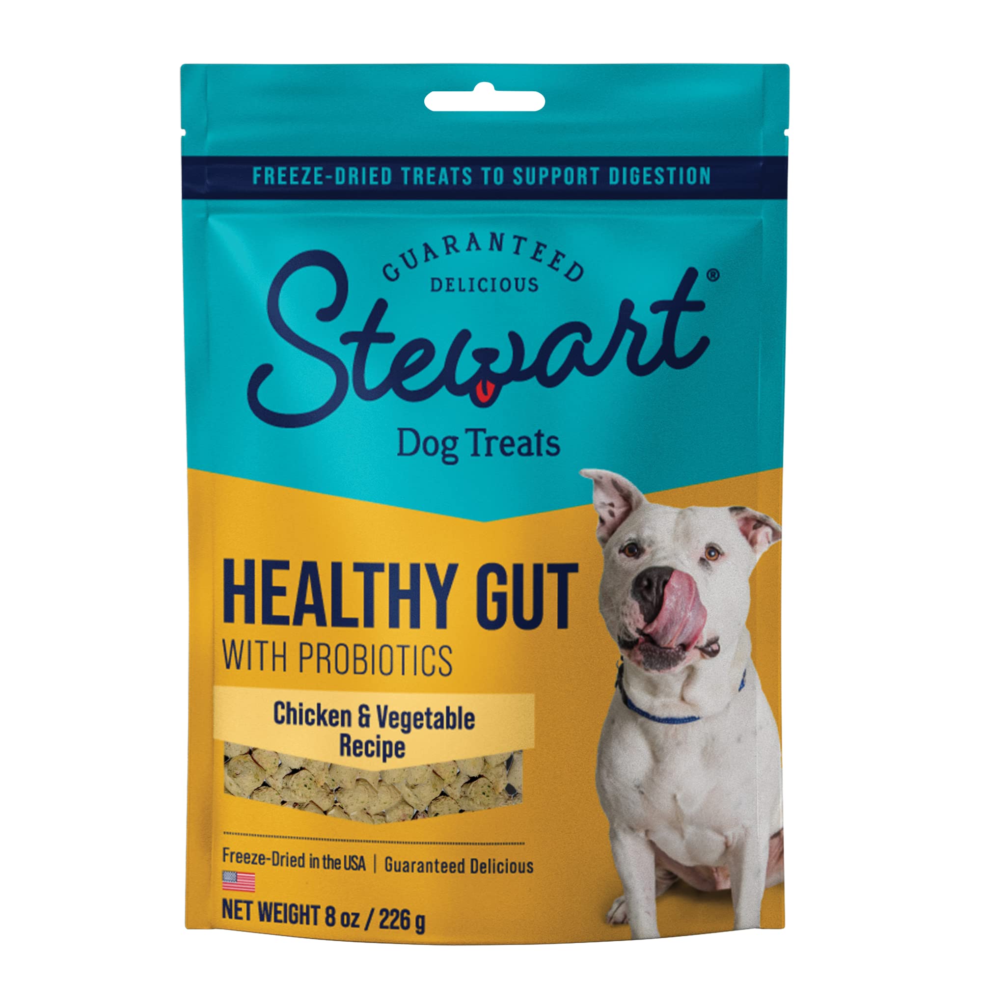 StewartFreeze Dried Dog Treats, Healthy Gut with Probiotics for Dogs, Natural, Limited Ingredient, Grain Free Treat, Chicken & Vegetable Recipe, 8 Ounces, Resealable Pouch, Light Brown (402301)