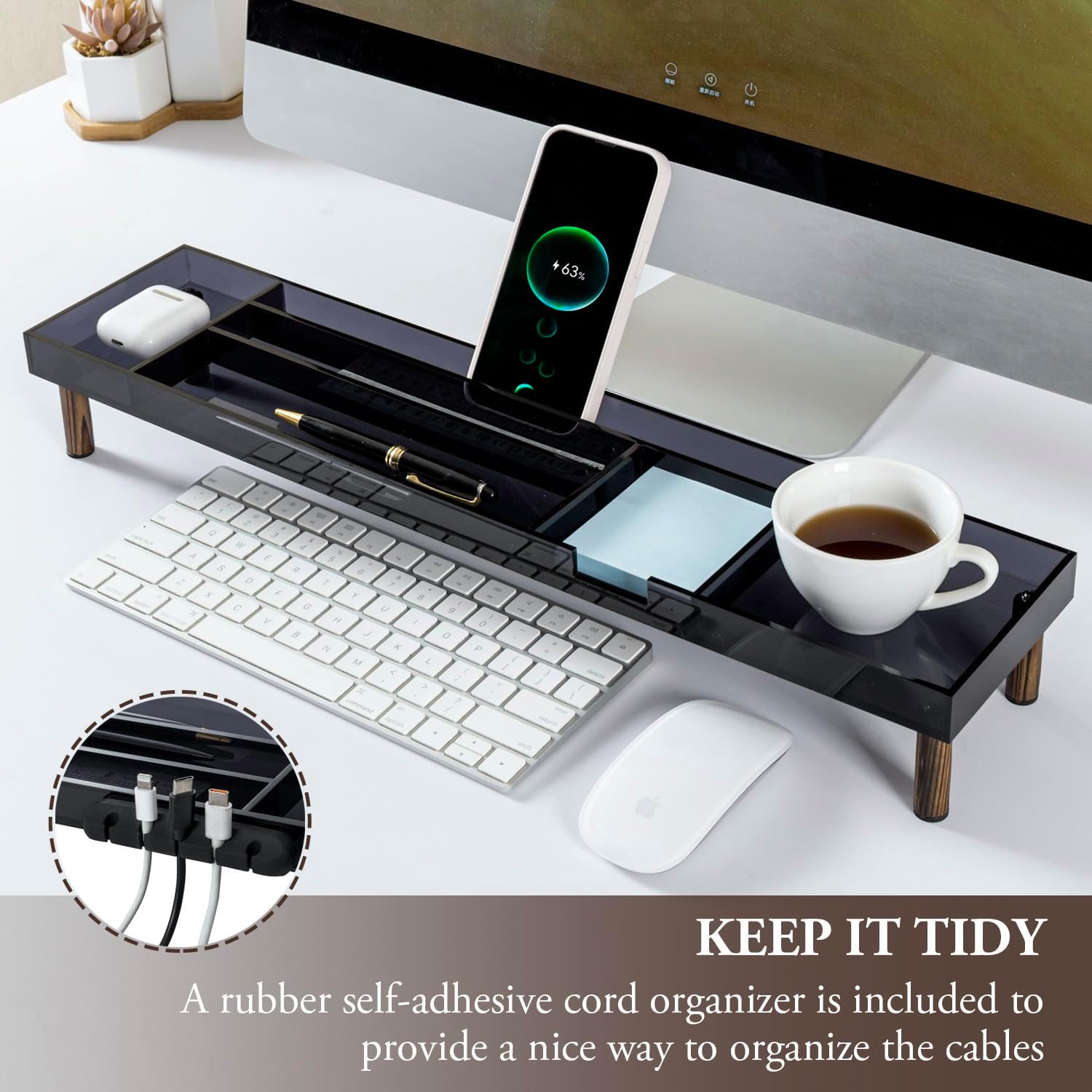 MyGift Modern Desktop Organizer Tray - Premium Translucent Dark Gray Acrylic and Solid Wood Over Keyboard Office Desk Flow Storage - Includes Cable Organizer