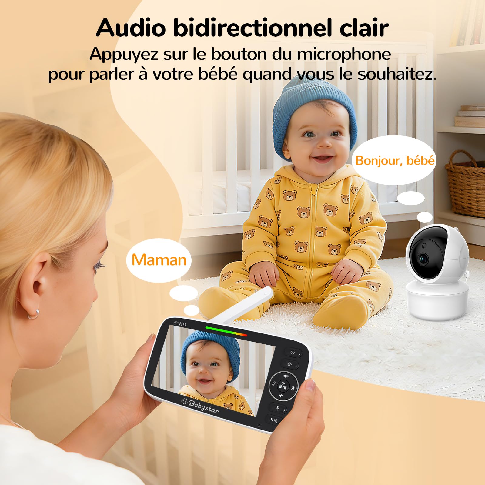 Babystar Babyphone avec caméra Écran 5 Pouces HD 720P Moniteur bébé sans WLAN, Batterie 4000mAh, Rotation de 355° Camera Bébé, Vision Nocturne, VOX, Température, Talkie-Walkie, 8 Berceuses - 2