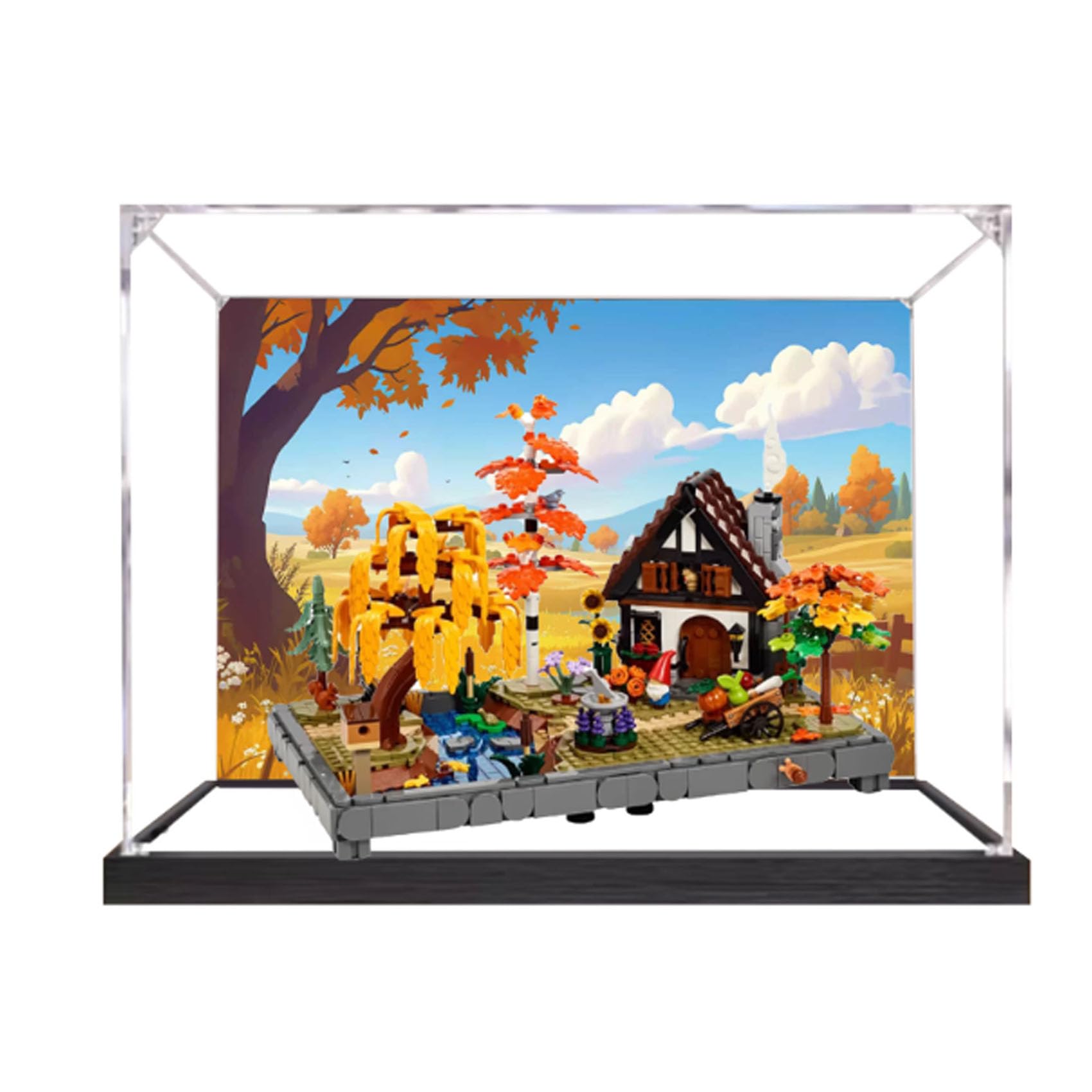 Acrylic Display Case for Le-go 11372 Autumn Cottage Garden Model, Dustproof Display Box (display box only) (StyleC Background 3mm)