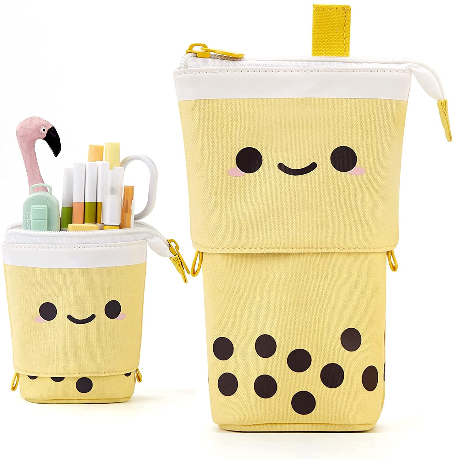 ANGOOBABY Cute Pencil Case Standing Pen Holder Telescopic Makeup Pouch Pop Up Cosmetics Bag with Kawaii Smile Face Stationery case Office Organizer Box for Girls Students Women Adult (Yellow)