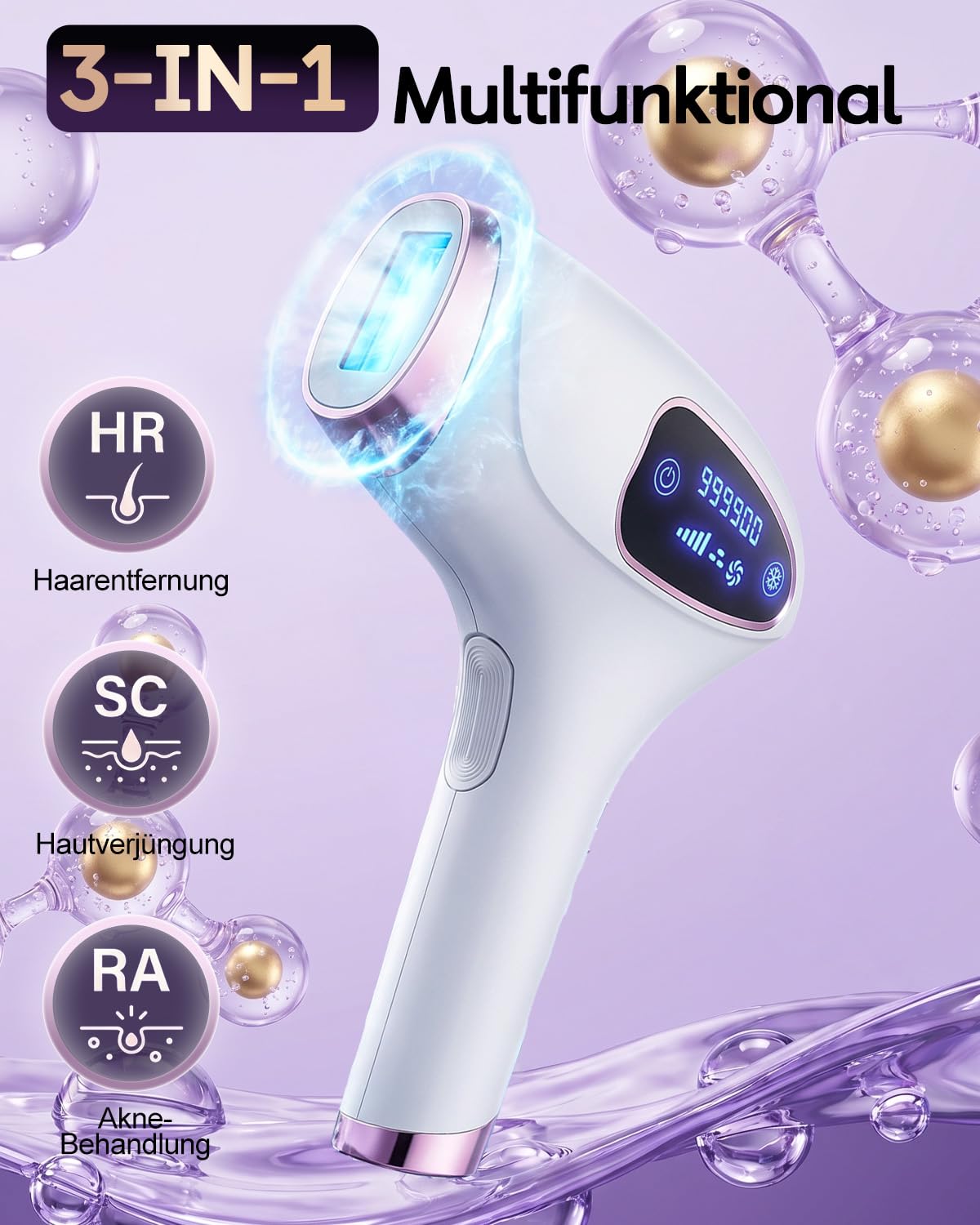 IPL Haarentfernungsgerät für Zuhause – 990.000 Blitze, 9 Energiestufen & Kühlfunktion, dauerhafte Haarentfernung für Körper, Achseln, Bikini-Zone, 3 Modi – inkl. Schutzbrille & Rasierer