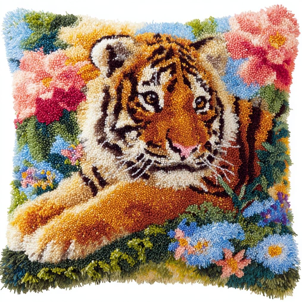 AxiangziK Latch Hook Cushion Kit 17x17 Inch,Tiger and Flower