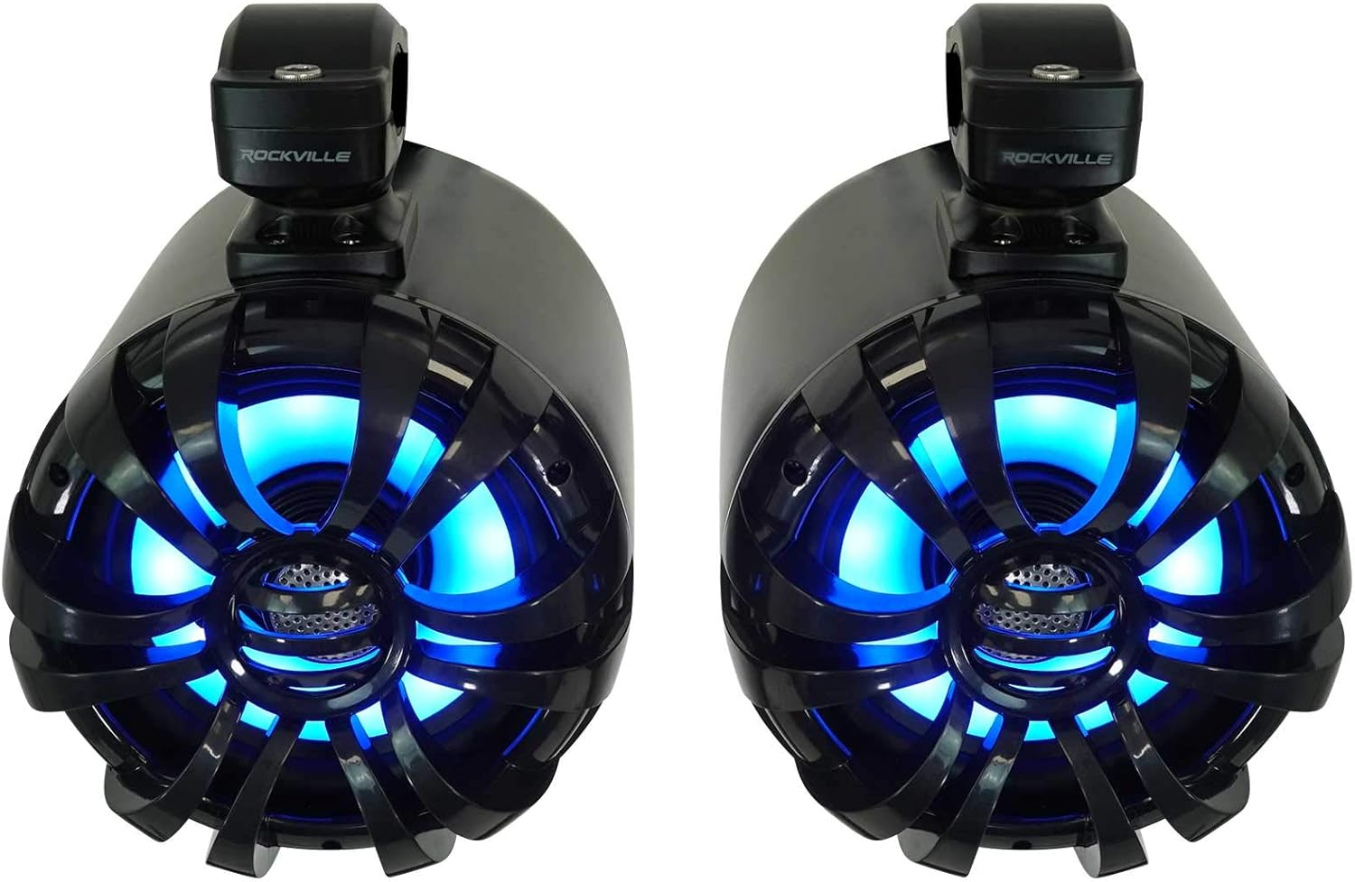Rockville WB65KLED Black 600W 6.5" Marine Wakeboard Tower Speakers, 4 Ohm, LED Lighting, 360-Degree Swivel, Waterproof, with Remote, for Boats and Off-Road Vehicles, 4-Piece