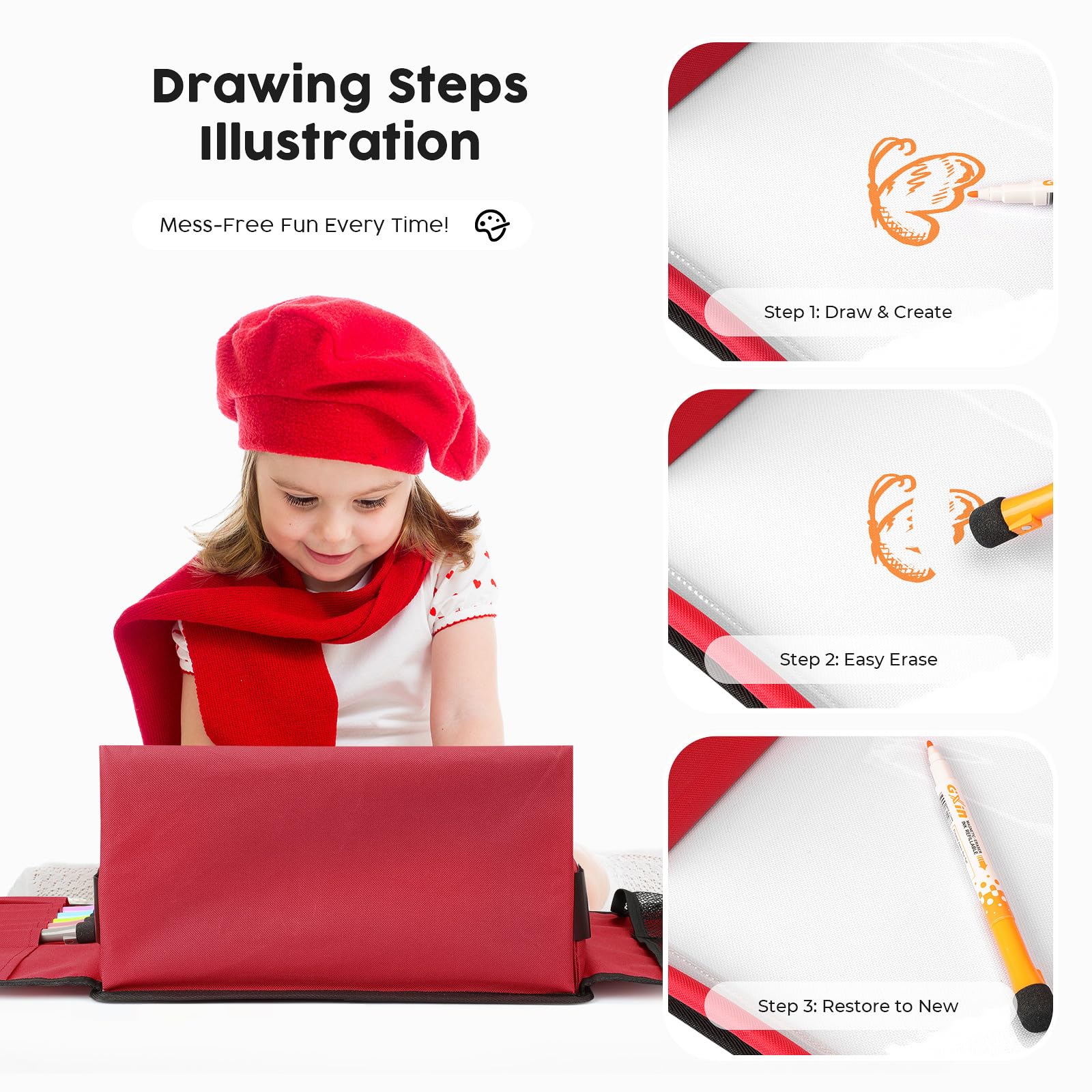 YOOFAN Plateau de Voyage Enfant Voiture - Plateau de Dessin et de Jeu Polyvalent avec Fenêtre pour iPad, 6 Stylos de Couleur, Carton Amovible et 4 Poches pour Livres et plus