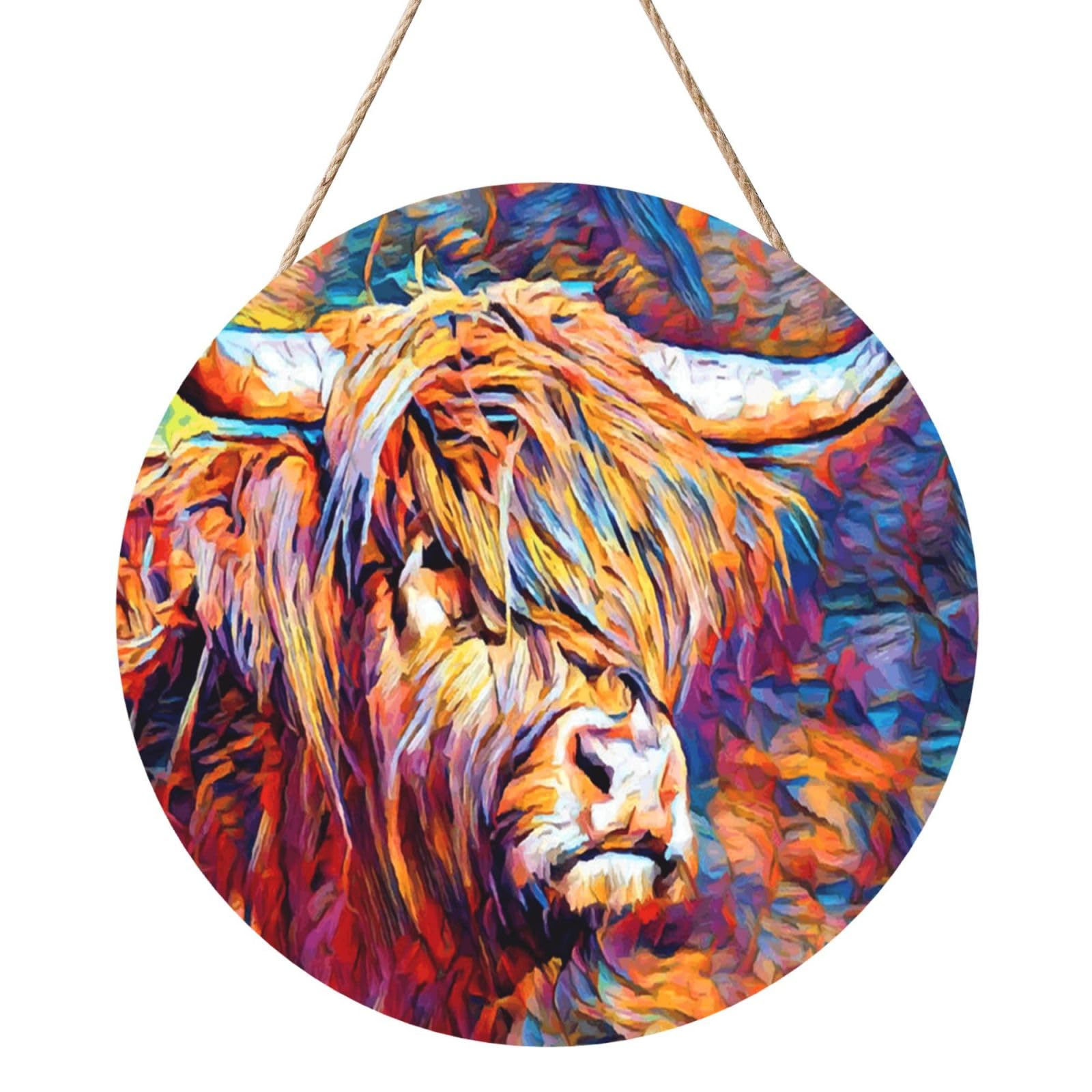 InOmak Highland Cow Printed, Round Wood Panel Painting 12 in, Wall Hanging Painting For Home