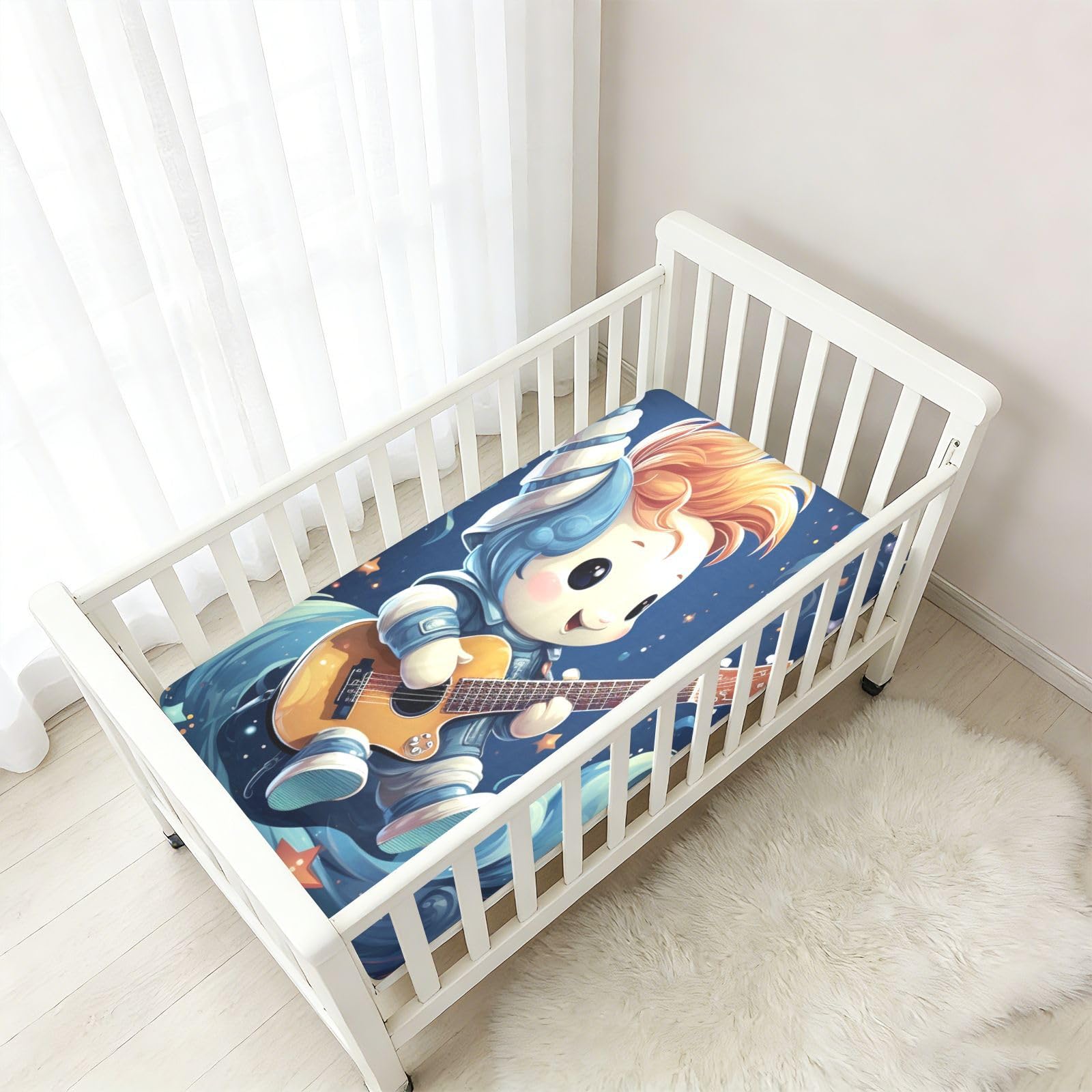 Estrella De Dibujos Animados Unicornio Guitarra Sábana de Cuna para Niños Pequeños,Sábanas de Algodón Suave para Bebés Aptas para Colchón Corralito