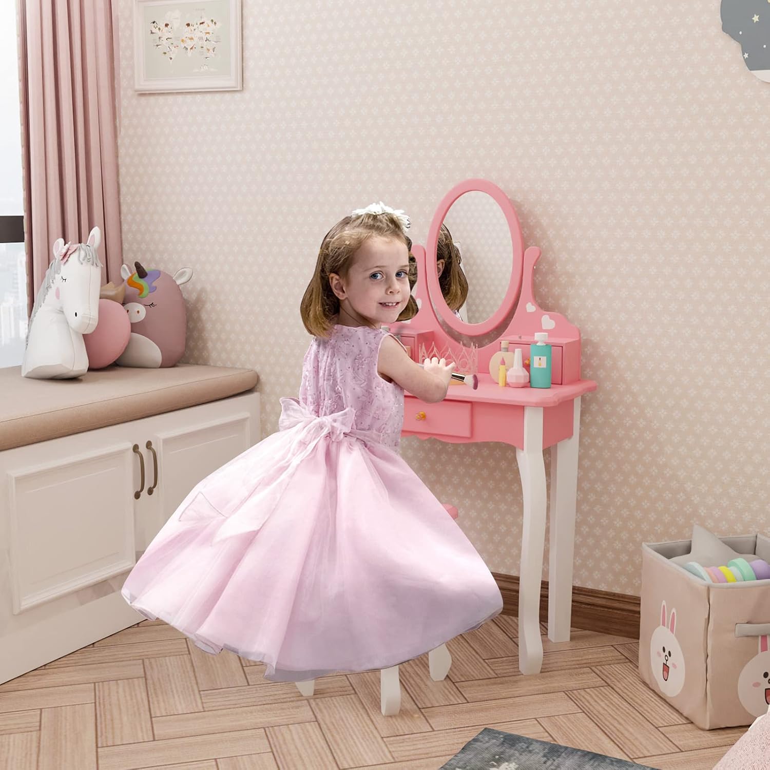 JOYMOR Kids Vanity Set with Mirror, 2 in 1 Princess Makeup Dressing Vanity Table and Stool Set, Toddler Vanity with 360° Rotating Mirror & Drawers, Pretend Play Vanity Set for Little Girls (Pink)