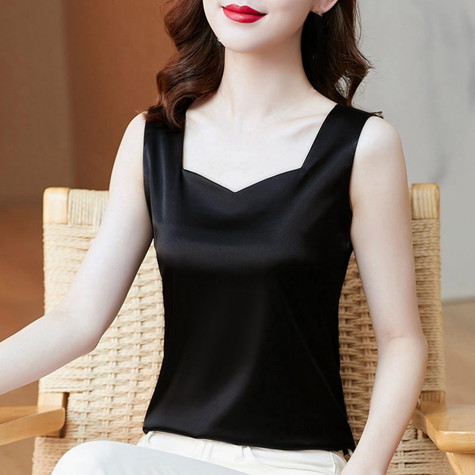Camisole en satin pour dames mince mode débardeur noir sans manches été
