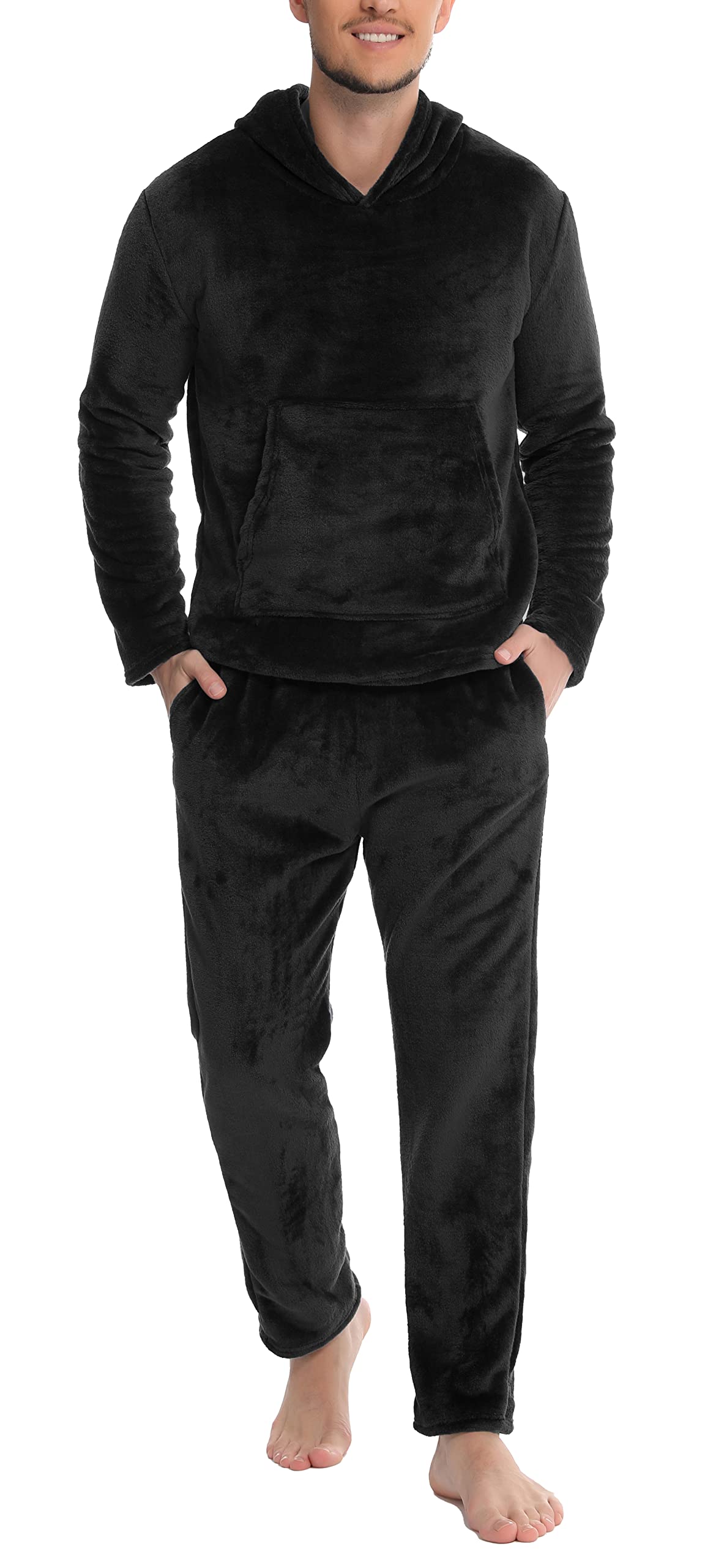 Lovasy Schlafanzug Herren Lang Warm Winter Fleece Pyjama mit Kapuzen Flanell Schlafanzüge für Herren mit Taschen