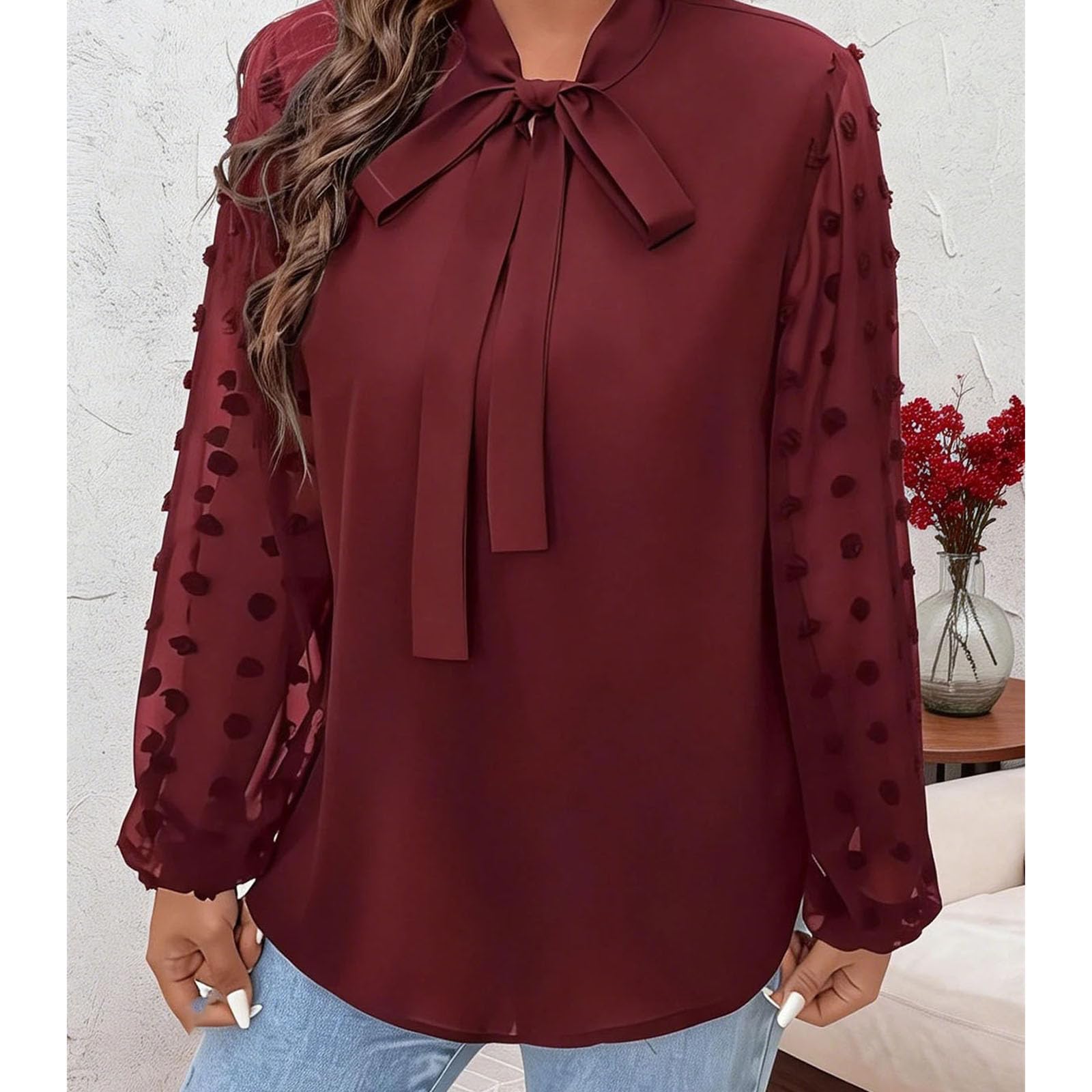 Camisa de manga larga para mujer, cuello con lazo, elegante, color liso, para oficina, uso diario