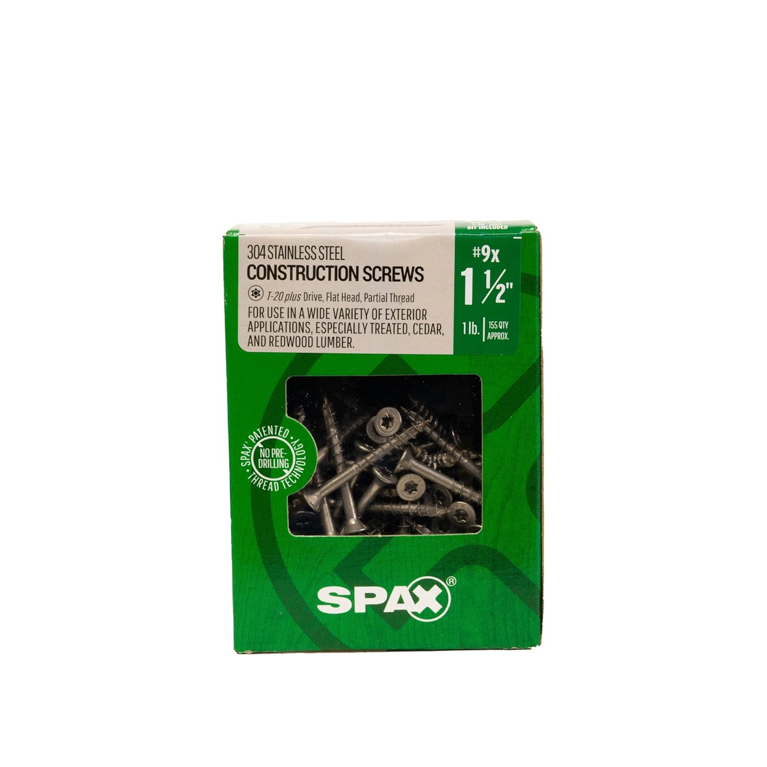 #9 x 1-1/2" Exterior Flat Head Construction Wood Screws (155 pcs) T20+ T-Star Plus Stainless Steel