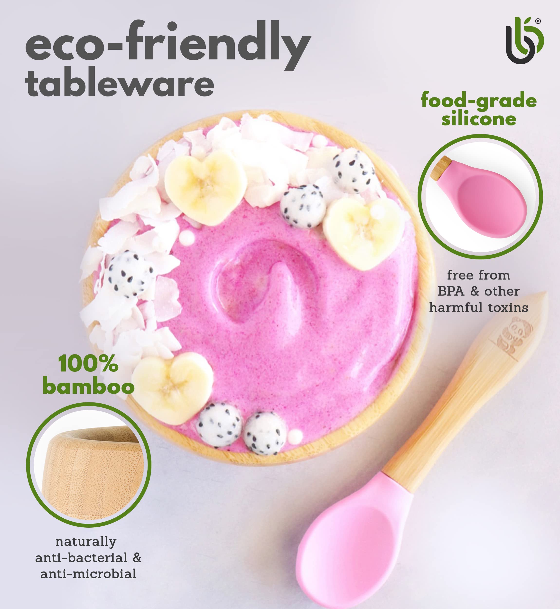 bamboo bamboo Piatto Baby & Ciotola Svezzamento Set, Ventosa per Pappa e Svezzamento, Piatto Diviso Bamboo, Ciotola Toddler & Cucchiaio Baby, Piatti per Bambini da 6 Mesi (Rosa)