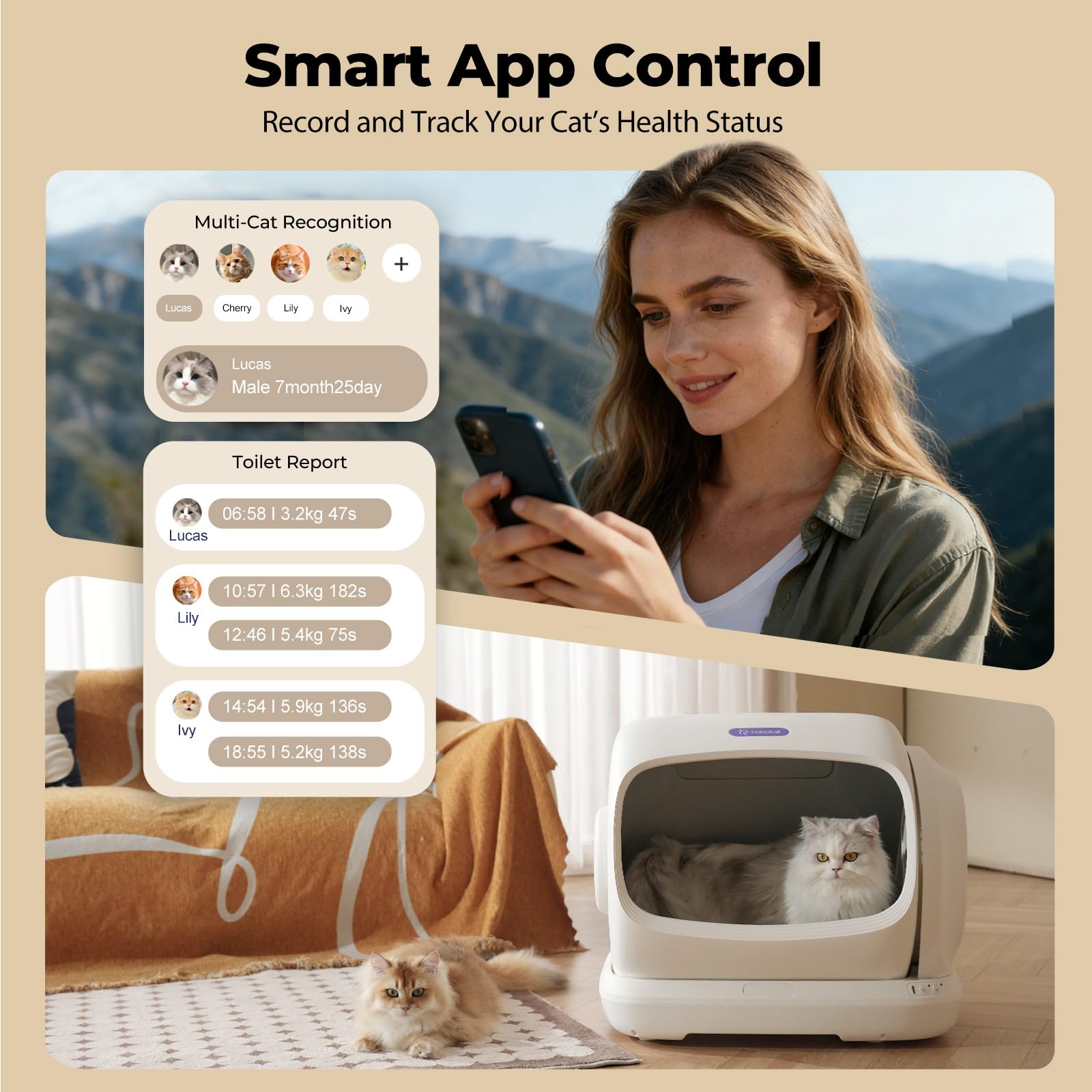 Robotail Self Cleaning Cat Litter Box,106L XXXL Extra-Large Space Automatic Cat Litter Box for Large Cats, Open Top Automatic Cat Box Self Cleaning with APP, Safety Sensor, Anti-Pinch Patent - image 7