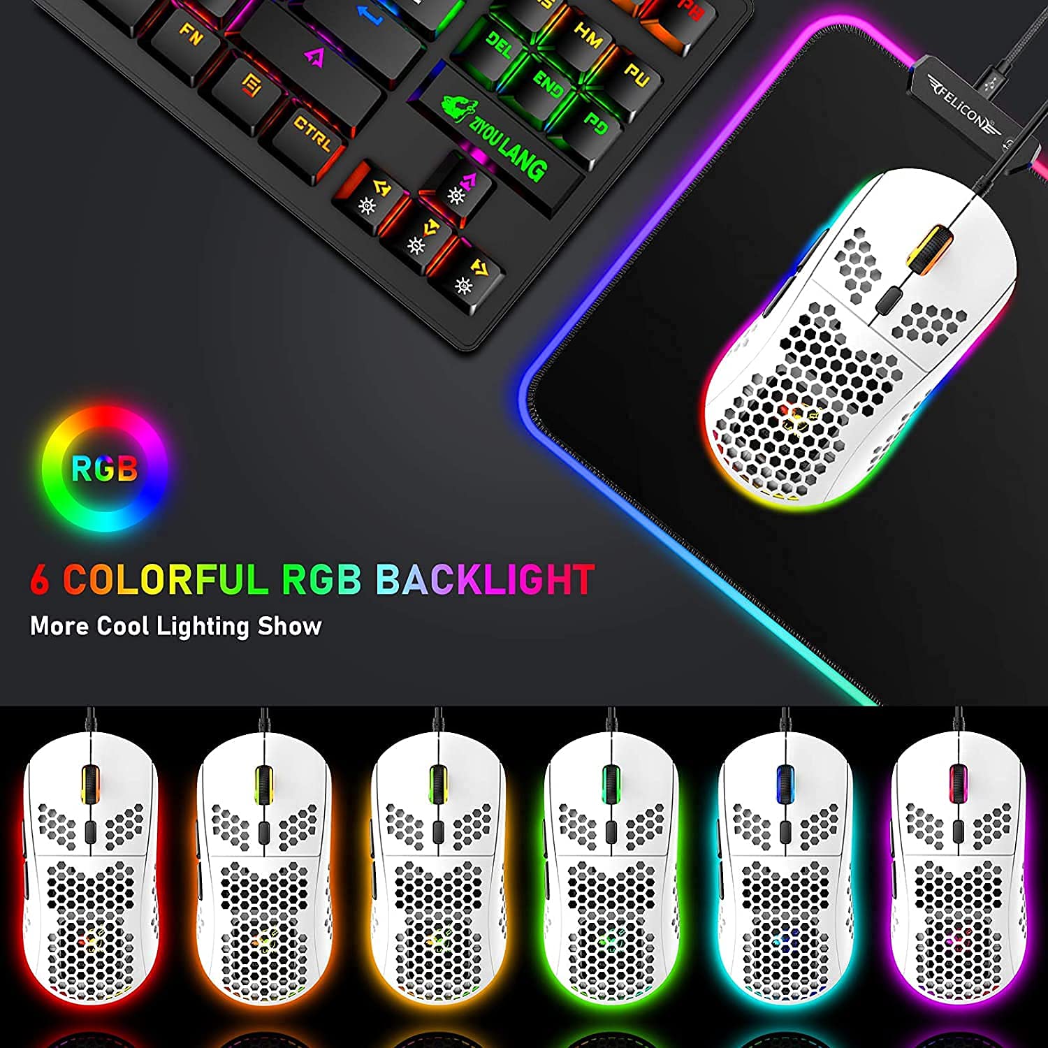 T60 Juego de Teclado y Mouse Con Cable, Teclado Mecánico 60% Compacto 62 Teclas, 19 Luces LED Arcoíris, UK Layout + Ratón para Juegos PS4 de 6400 DPI + Mouse Pad para PC, Mac - Interruptor Rojo/Blanca