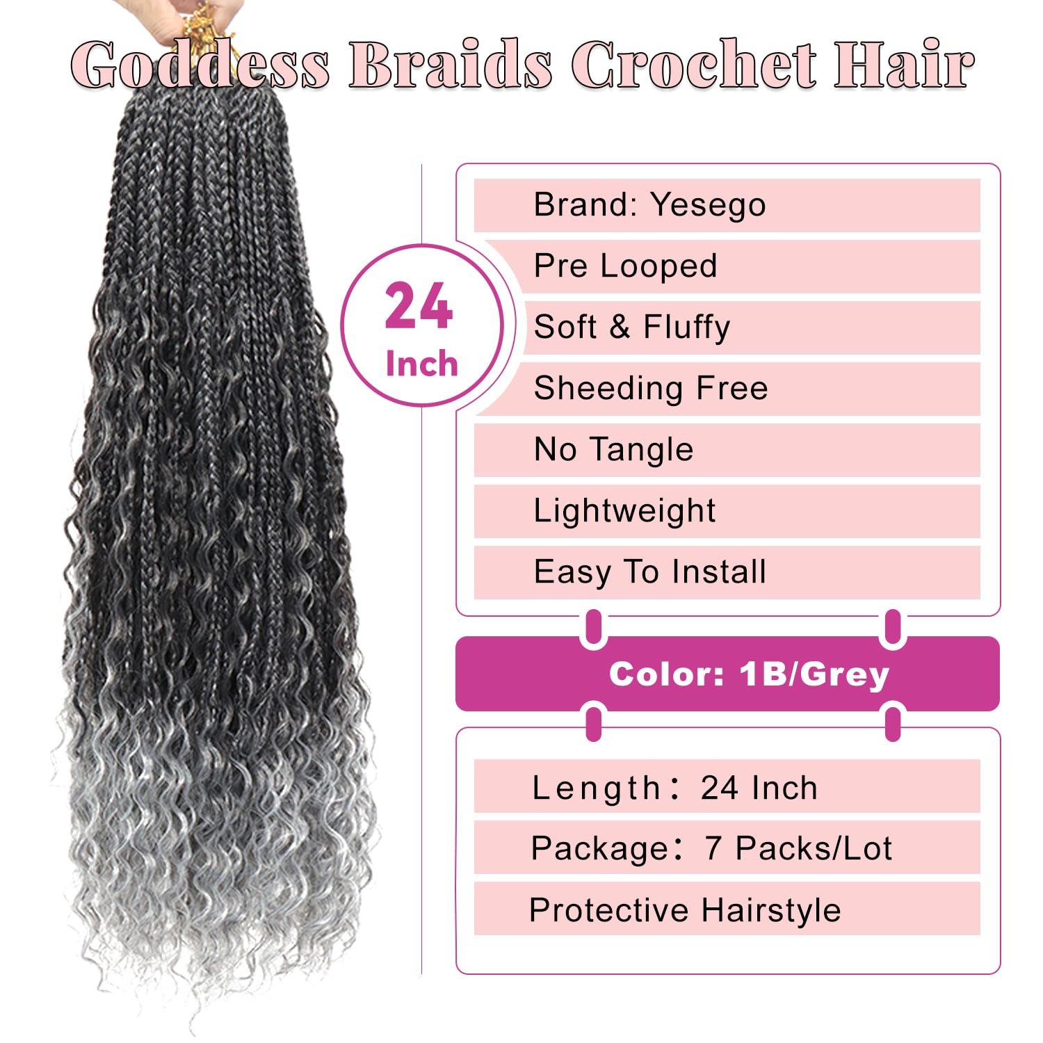 Grey Goddess Box Braids Crochet Hair for Women 24 Inch 7 Packs Black Gray Boho Box Braids Crochet Hair with Curly Ends Pre Looped Bohemian Braids Crochet Hair Extensions, 1B/Grey