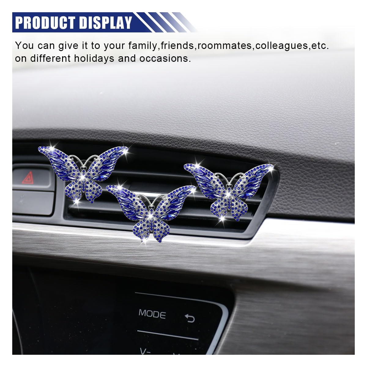 3 clip per bocchetta dell'aria dell'auto a forma di farfalla, con strass di cristallo, simpatiche clip per diffusore di aromaterapia, decorazione interna per auto, accessori per ragazze e donne (blu)