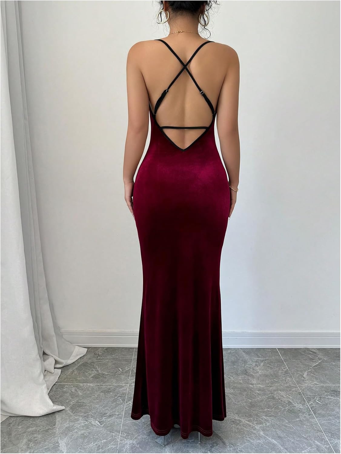 SHENHE Women's Velvet Maxi Dress Cowl Neck Criss Cross Low Back Sexy Bodycon Long Dress Wedding Guest Party - Image 2