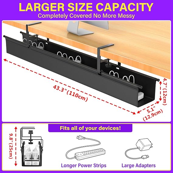 REFLYING 111cm Cable Management Tray, Under Desk Cable Management No Drill, Adjustable Clamp Desk Wire Organiser, Cable Tray for Standing Table, Cable Tidy in the Office or Home, Black