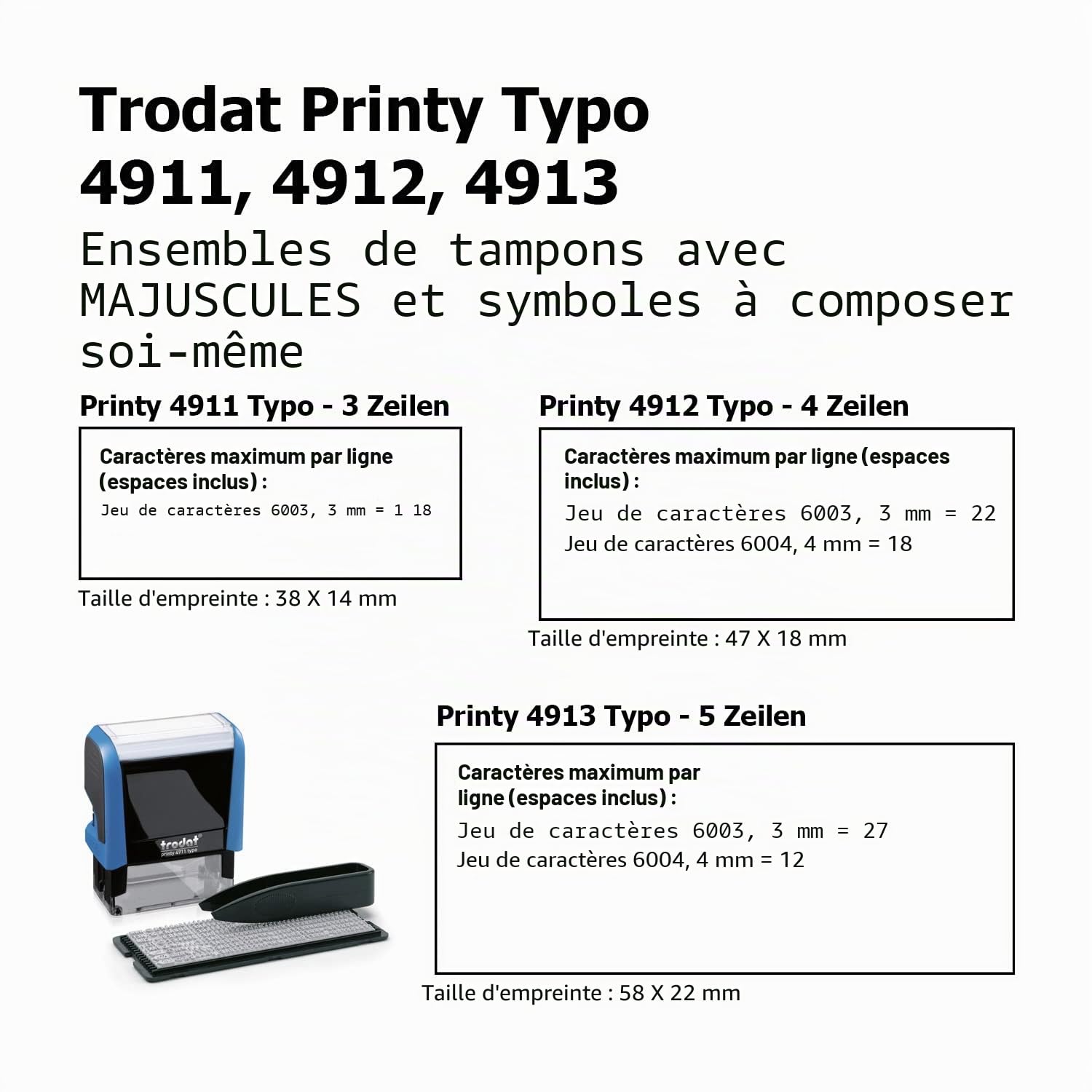 Trodat 4913 Printy Typomatic à faire soi-même 5 caractères max. Bleu ciel