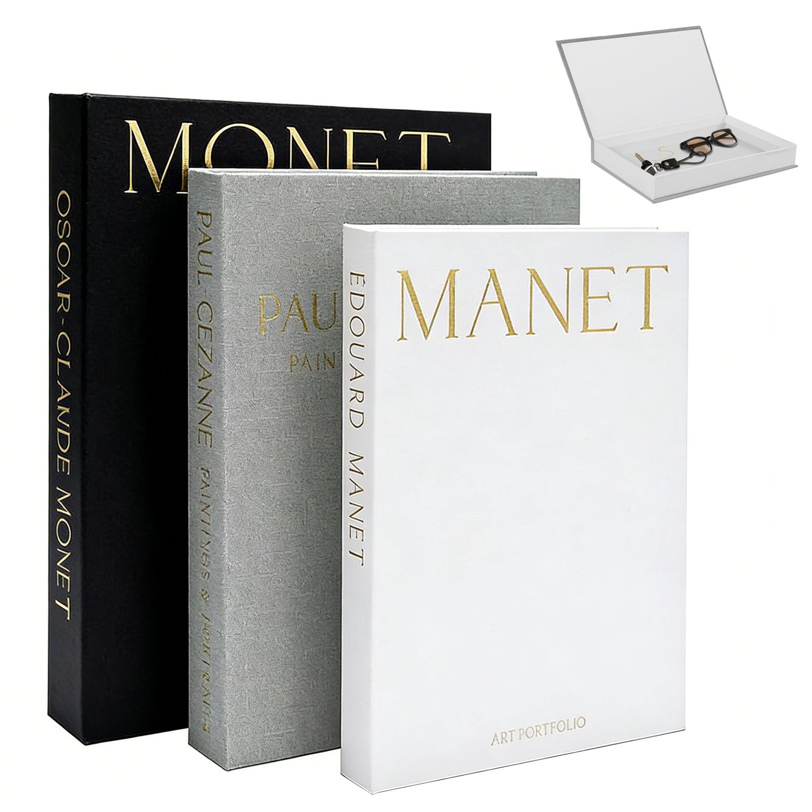 Libri Decorativi Arredamento, 3 Pezzi Libri Finti in Lino Scatola Portaoggetti con Chiusura Magnetica, Libro Decorativo da Esposizione, per Pasticceria e Caffetterie (Nero, Bianco, Grigio)
