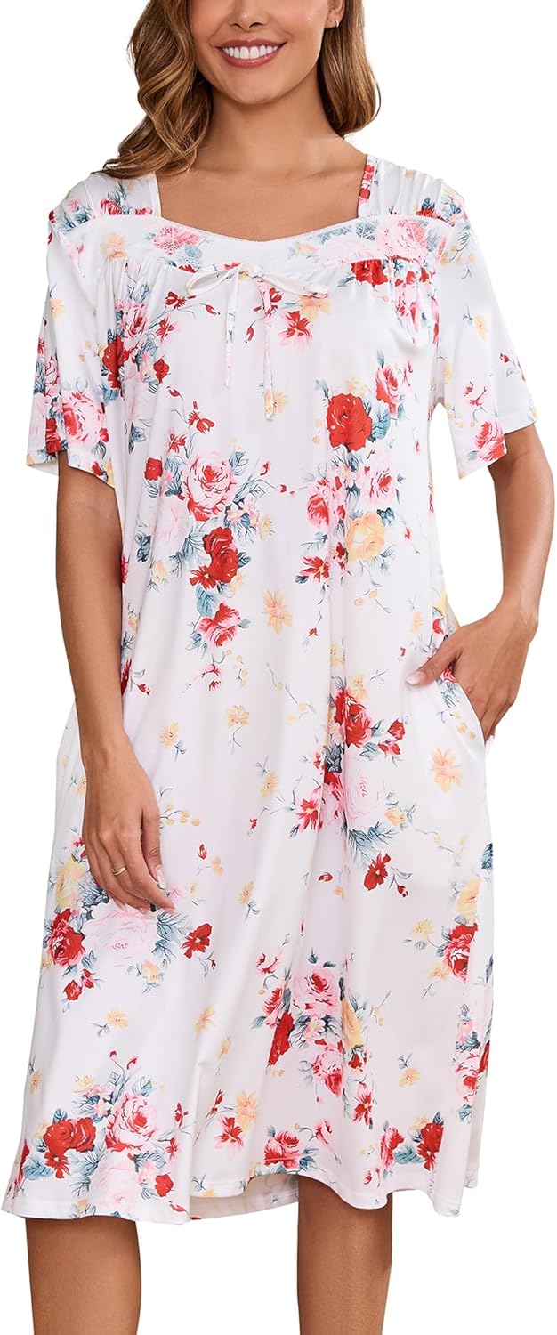 Short Sleeve House Dresses Women Pockets Summarize 10 English words