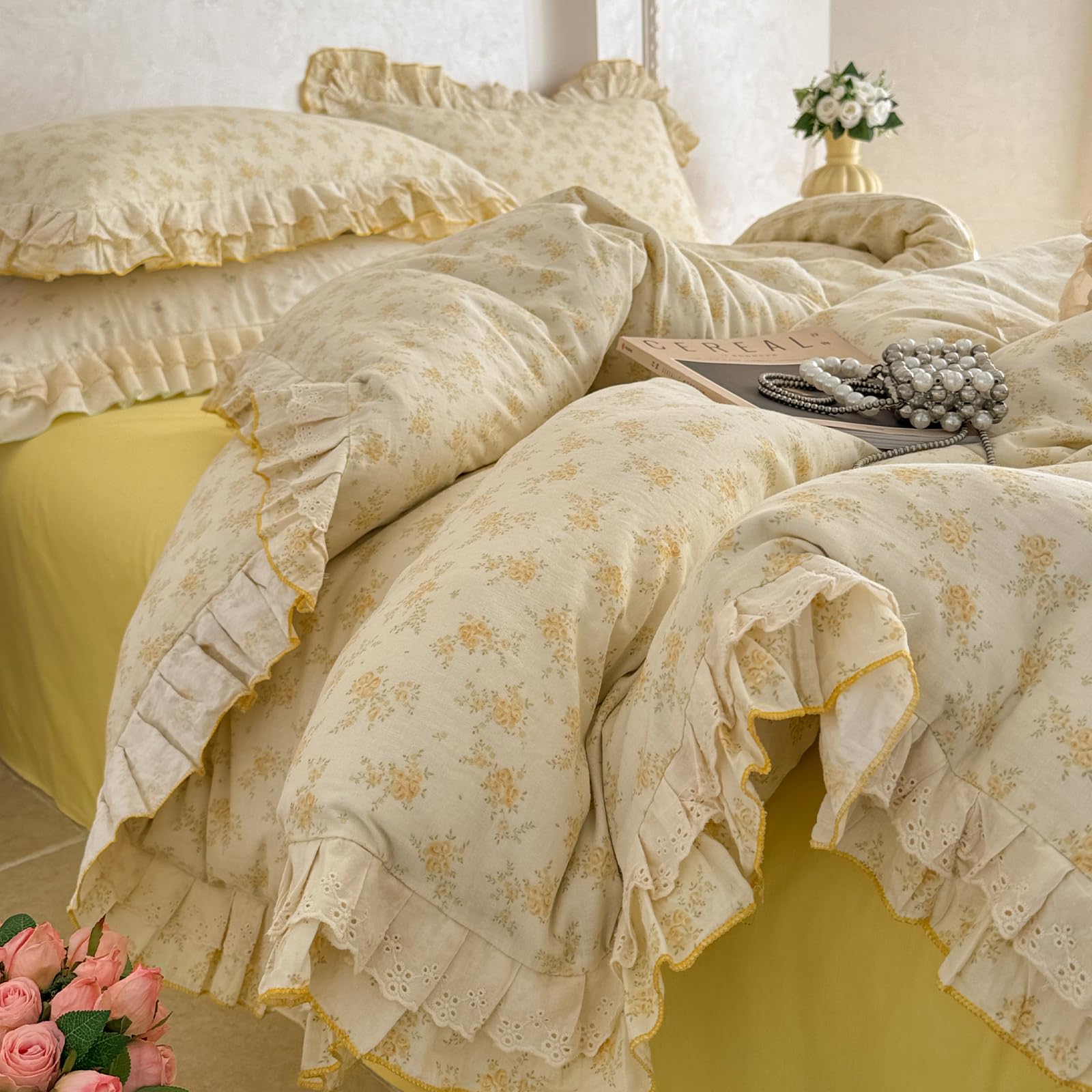 VM VOUGEMARKET Vintage Yellow Floral Duvet Cover Twin 68"x86"