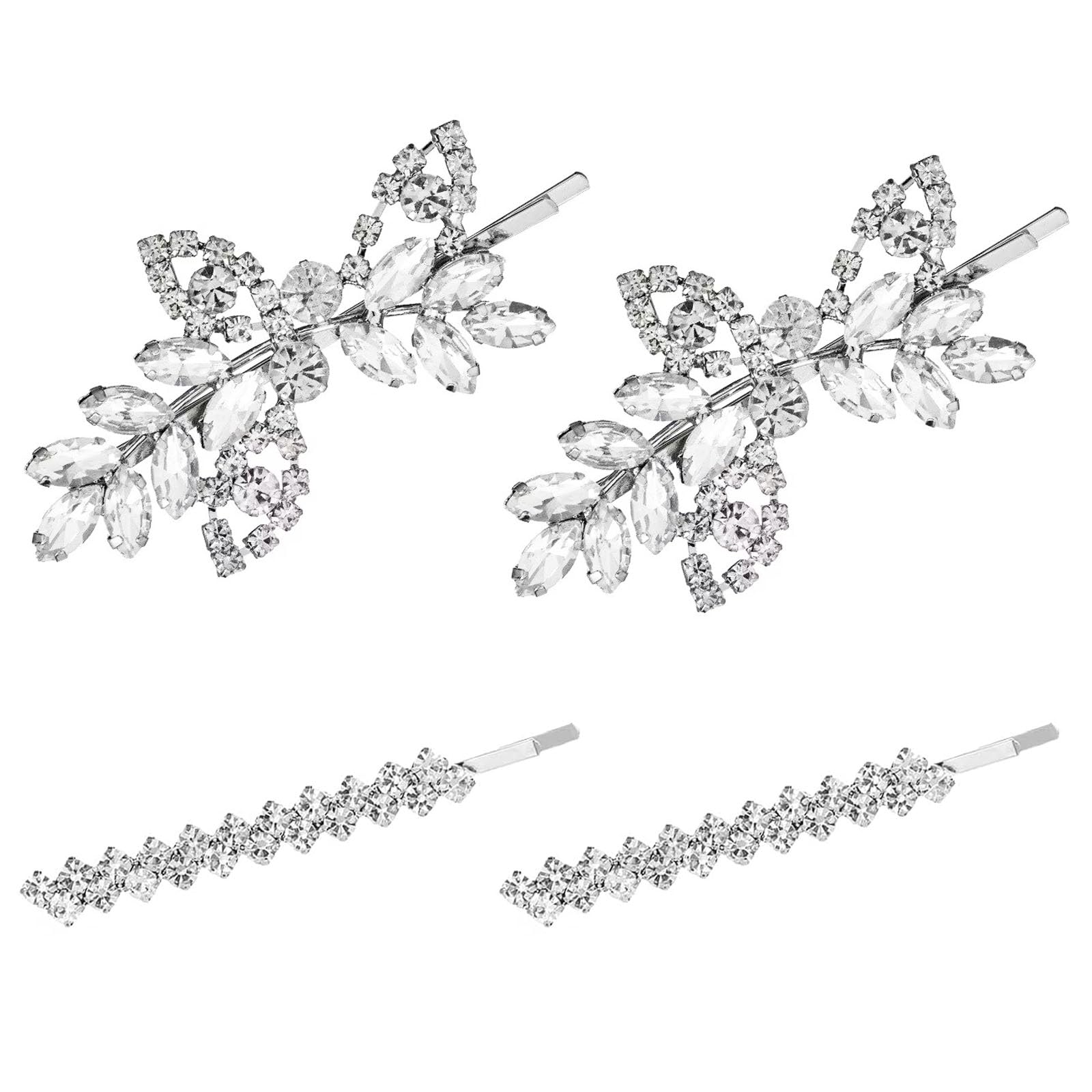 4Pcs Bling Rhinestone Bridal Hair Clips Shine Crystal Leaf Wedding Hairpin Elegant Flower Wedding Barrette Beautiful Diamante Hair Clips for Party Gift